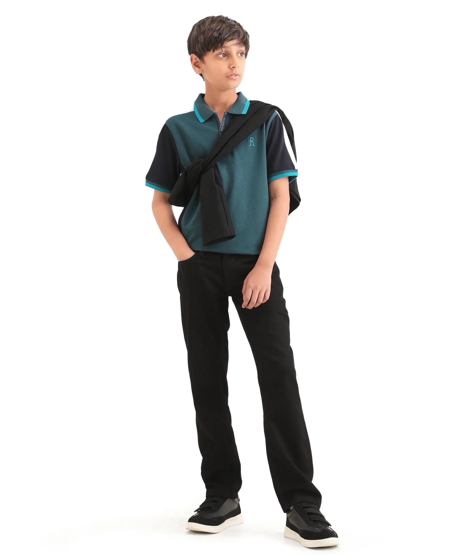 Boys Teal Embroidered Zipper Polo Shirt