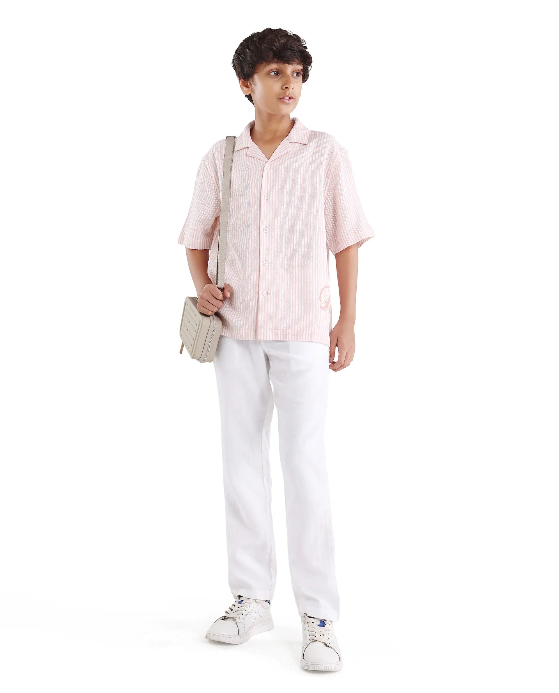 Boys Pastel Pink Cotton Linen Boxy Fit Shirt
