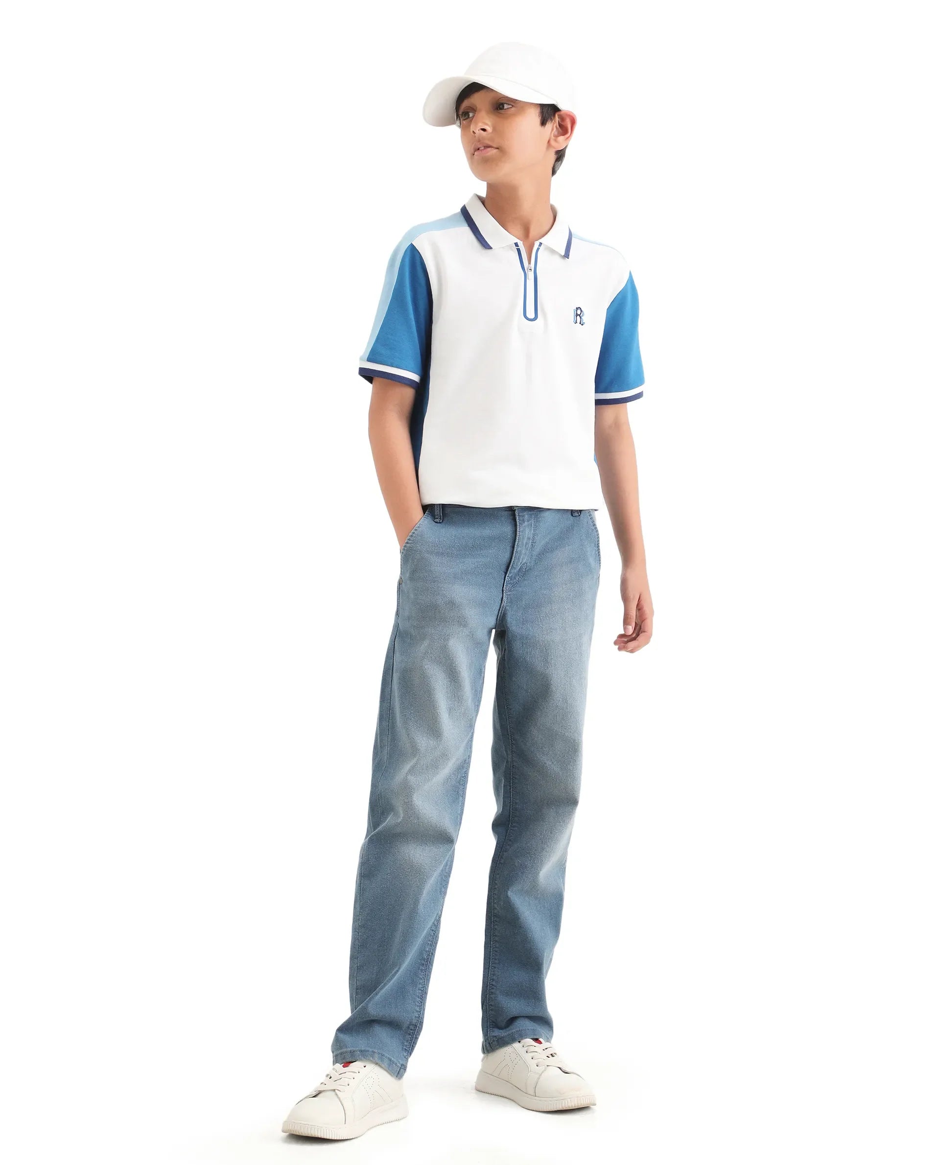 Boys Off White Embroidered Zipper Polo