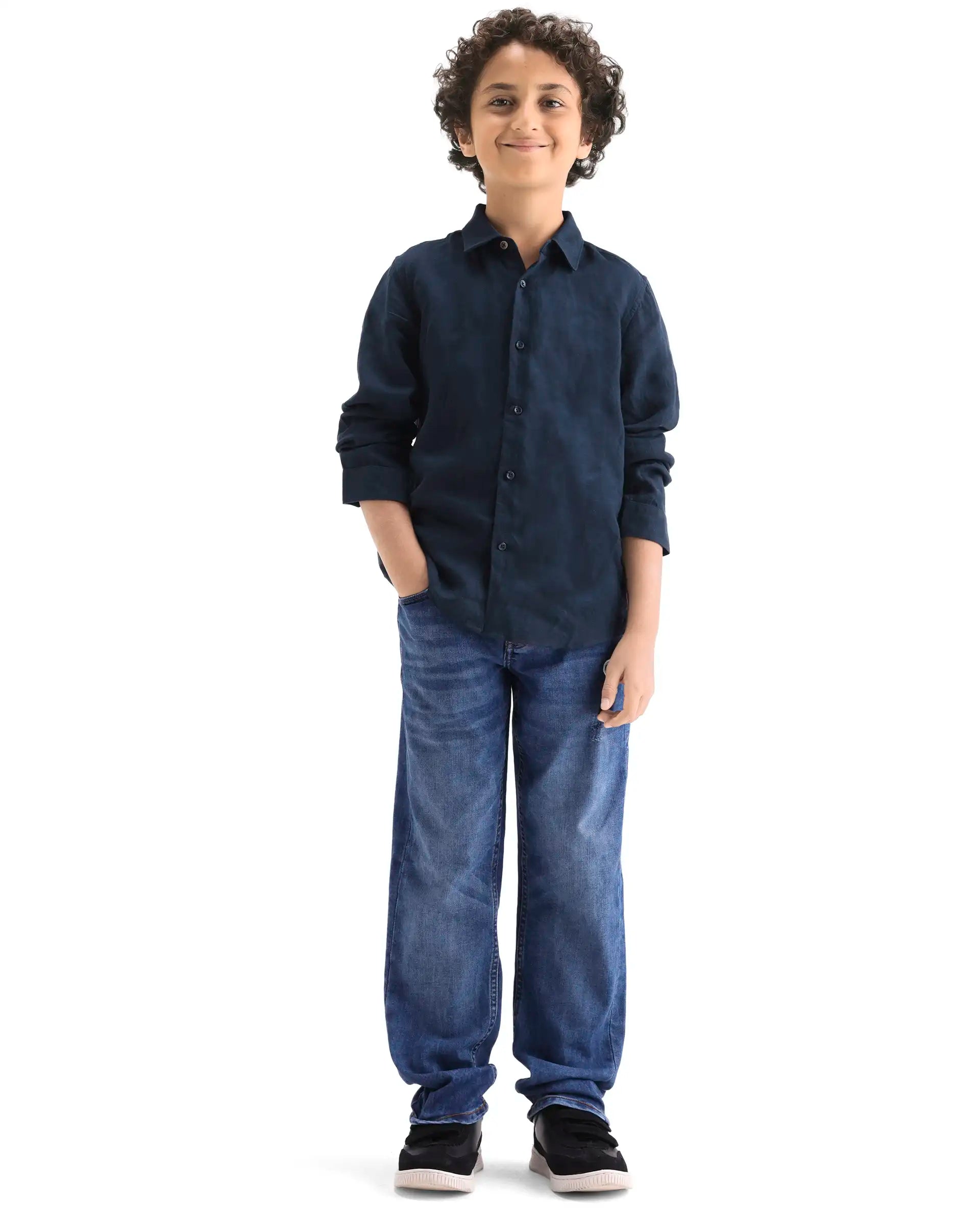 Boys Dark Navy Linen Blend Regular Fit Shirt