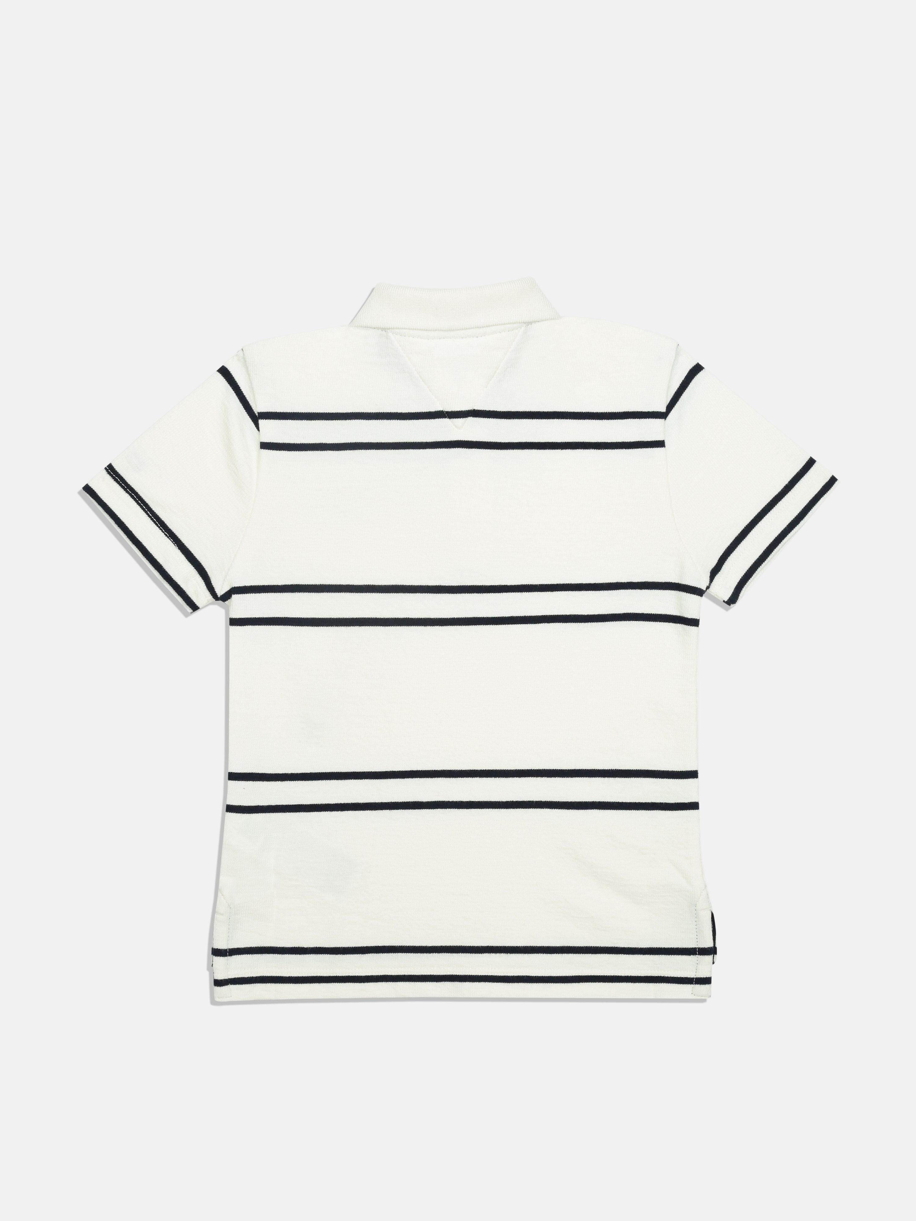 Boys White Striped Polo Collar Regular Fit Cotton Knit Top