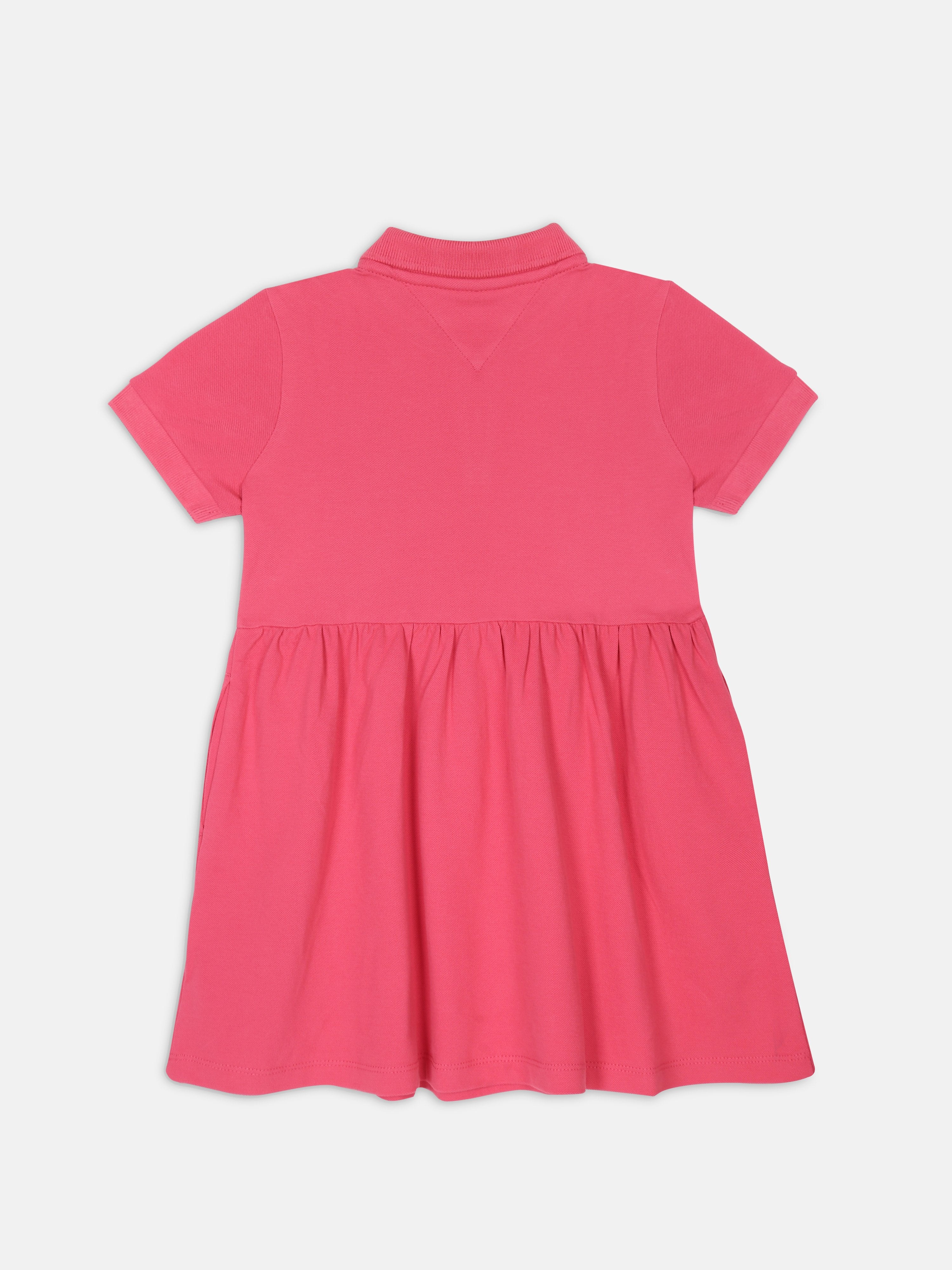Girls Pink Solid Polo Collar Cotton Blend Dress