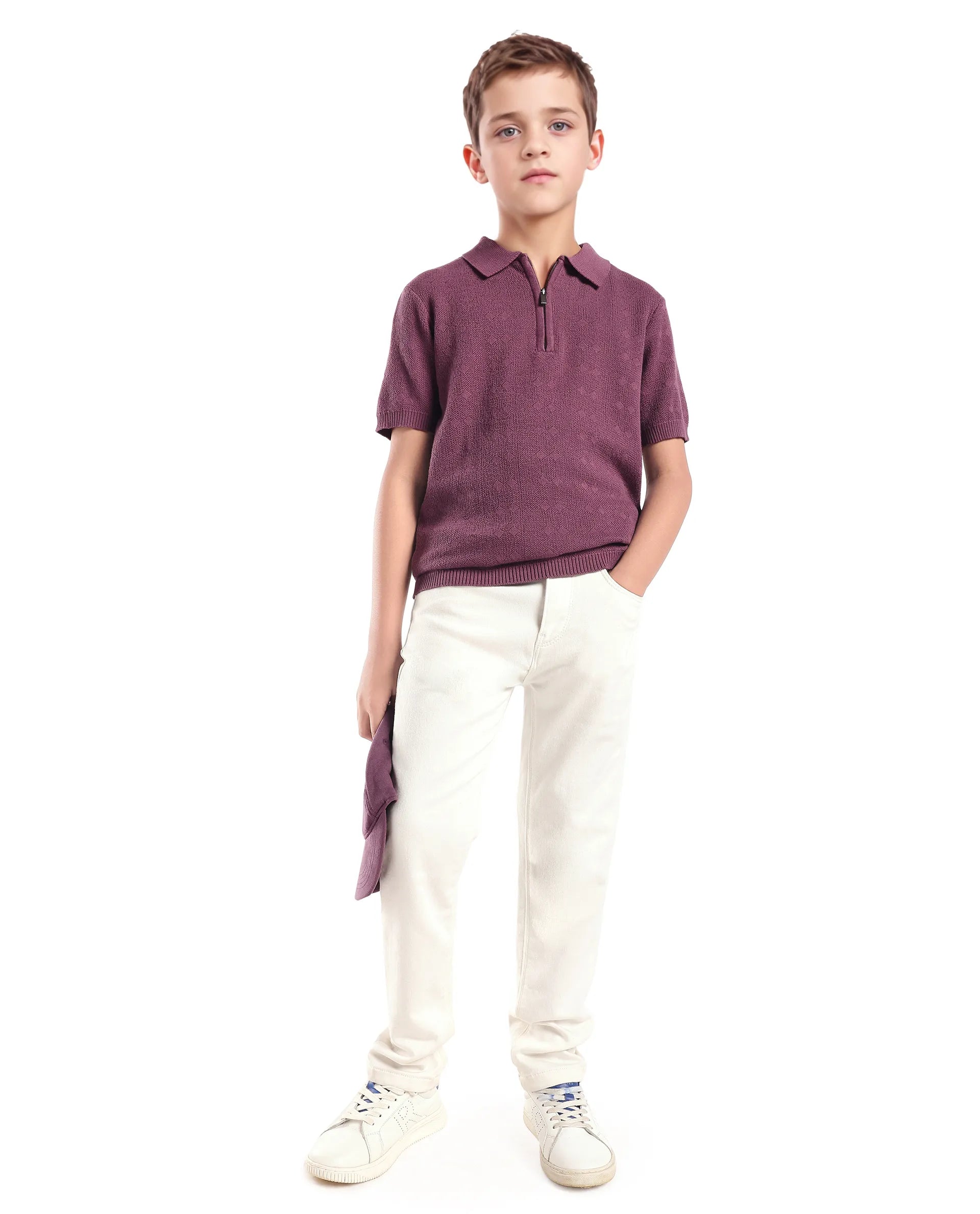 Boys Jacquard Zipper Polo in Dusky Purple