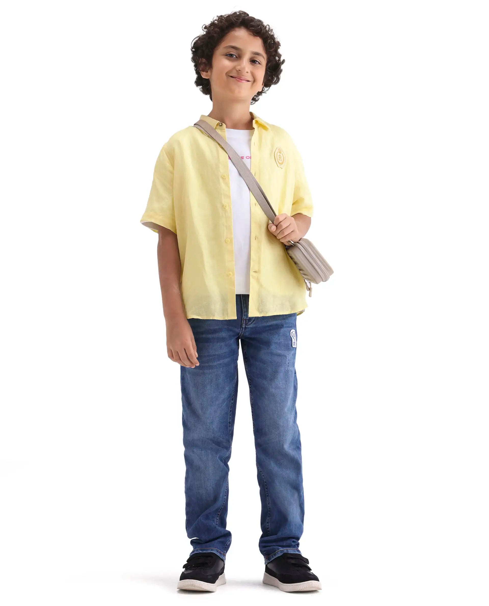 Boys Yellow Linen Blend Regular Fit Shirt