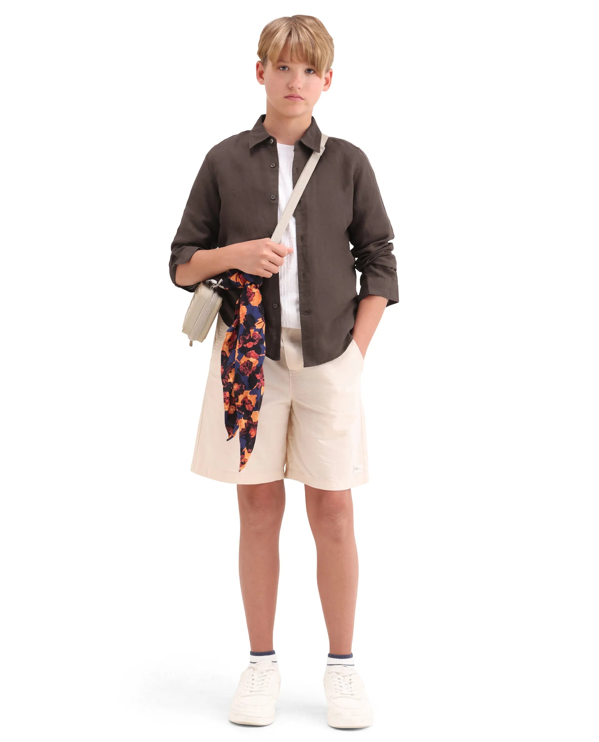 Boys Dark Brown Linen Blend Regular Fit Shirt