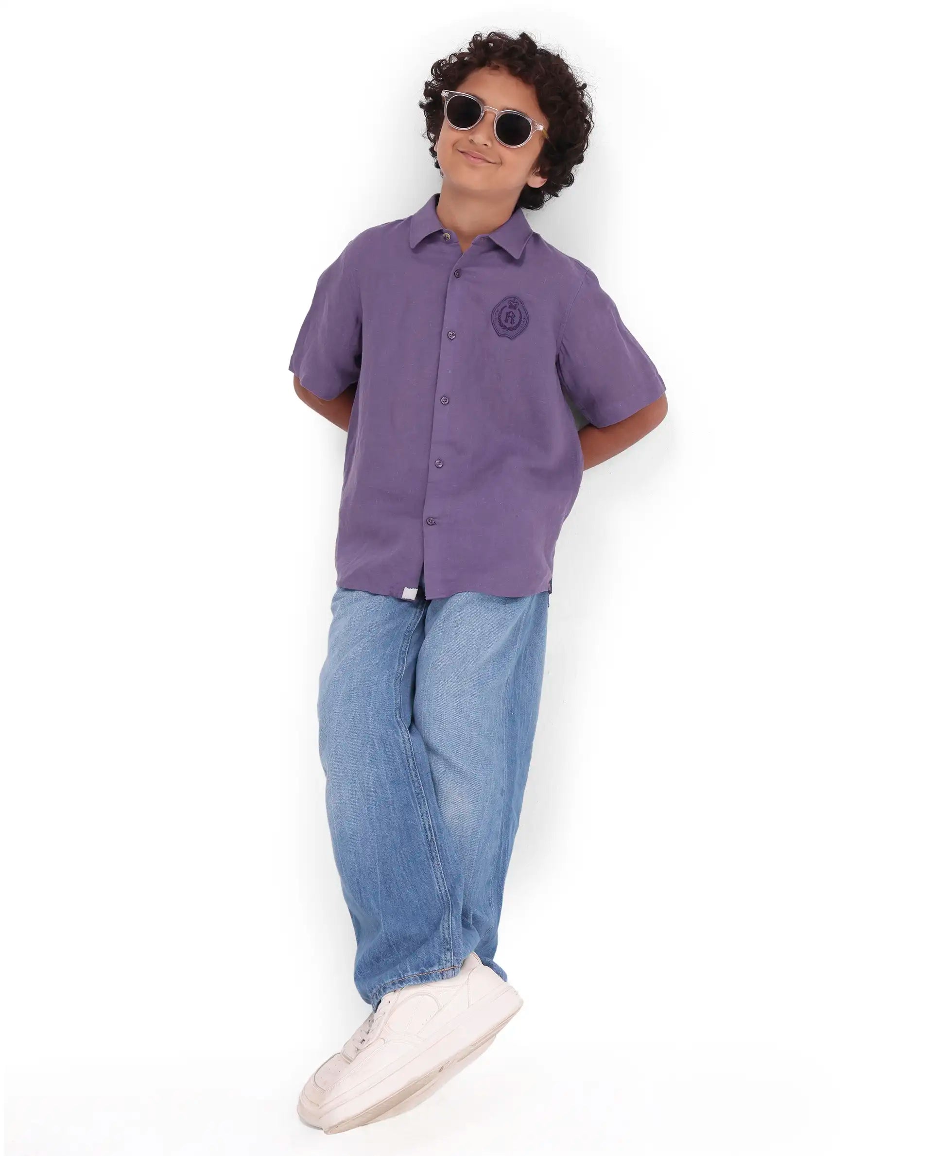Boys Purple Linen Blend Regular Fit Shirt