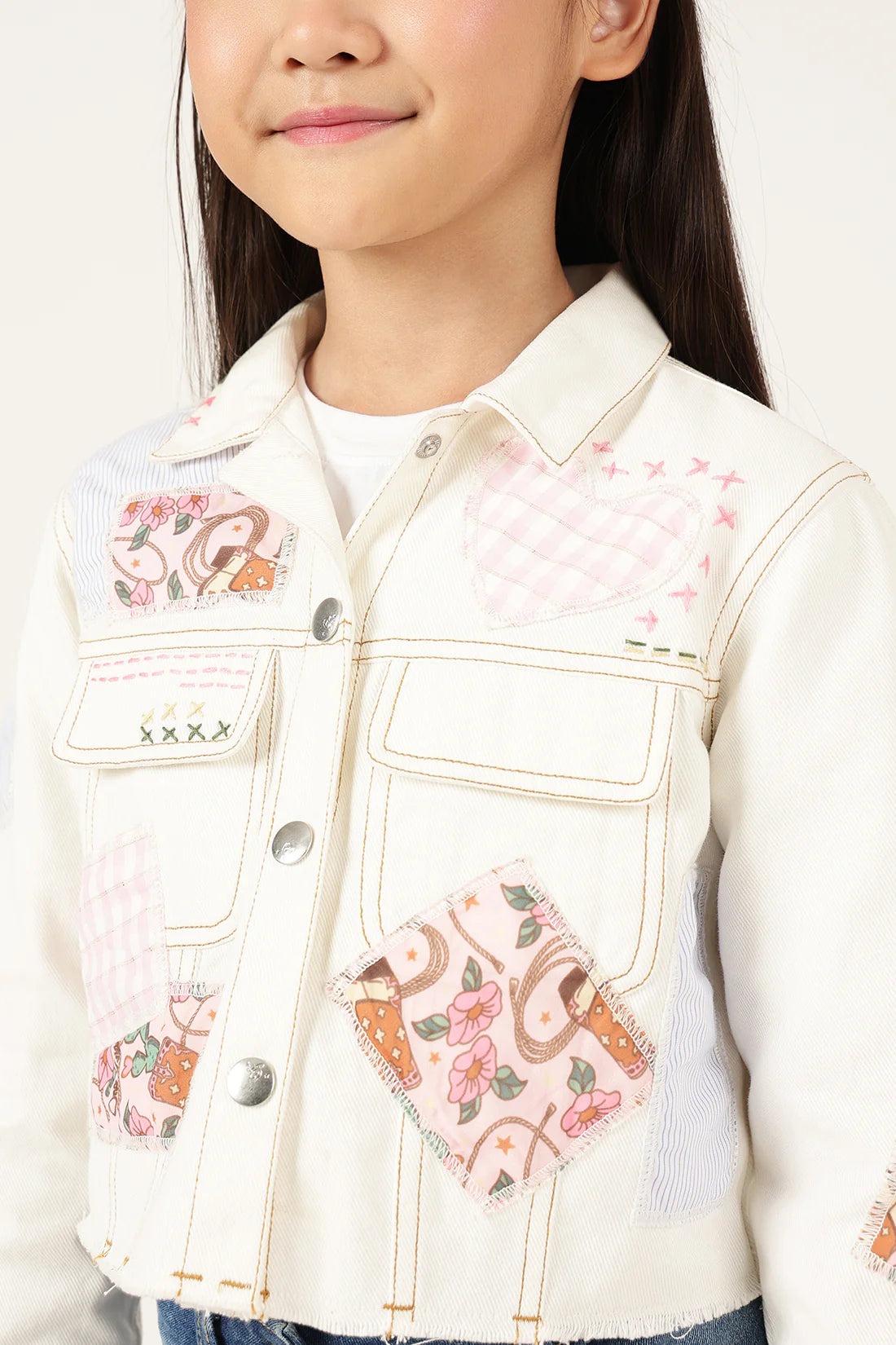 Girls Off White Abstract Cotton Drill Jacket