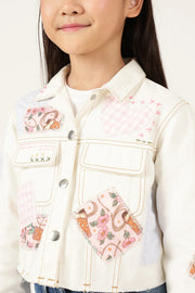 Girls Off White Abstract Cotton Drill Jacket