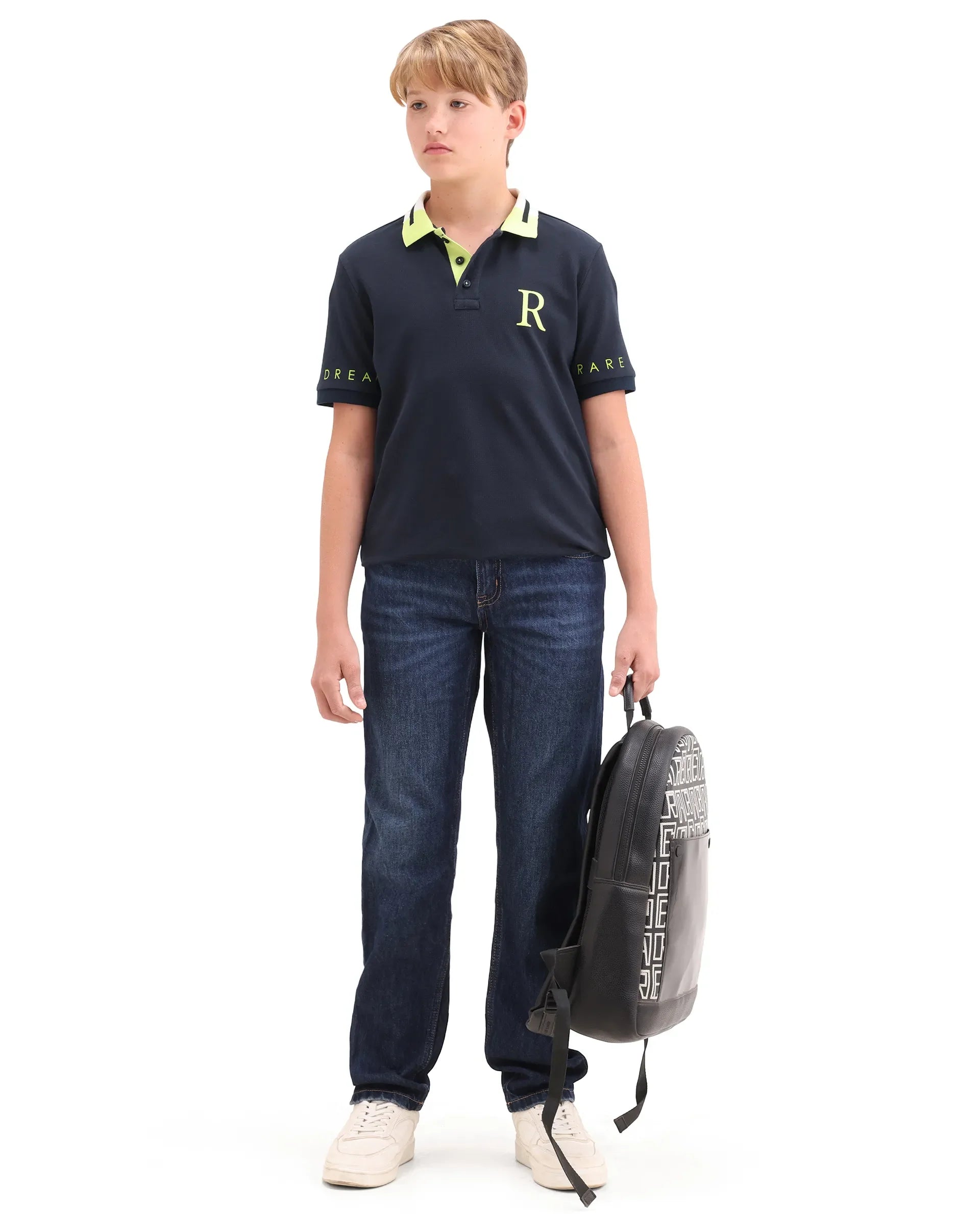 Boys Navy Pigment Print Cotton Regular Fit Polo