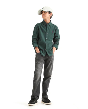 Boys Dark Green Cotton Regular Fit Shirt