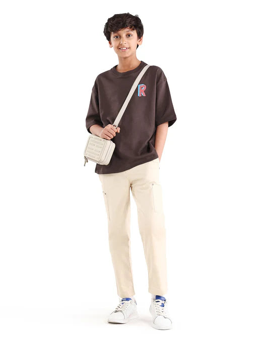 Rare Ones Boys Dark Brown Puff Print Boxy Cotton T-Shirt