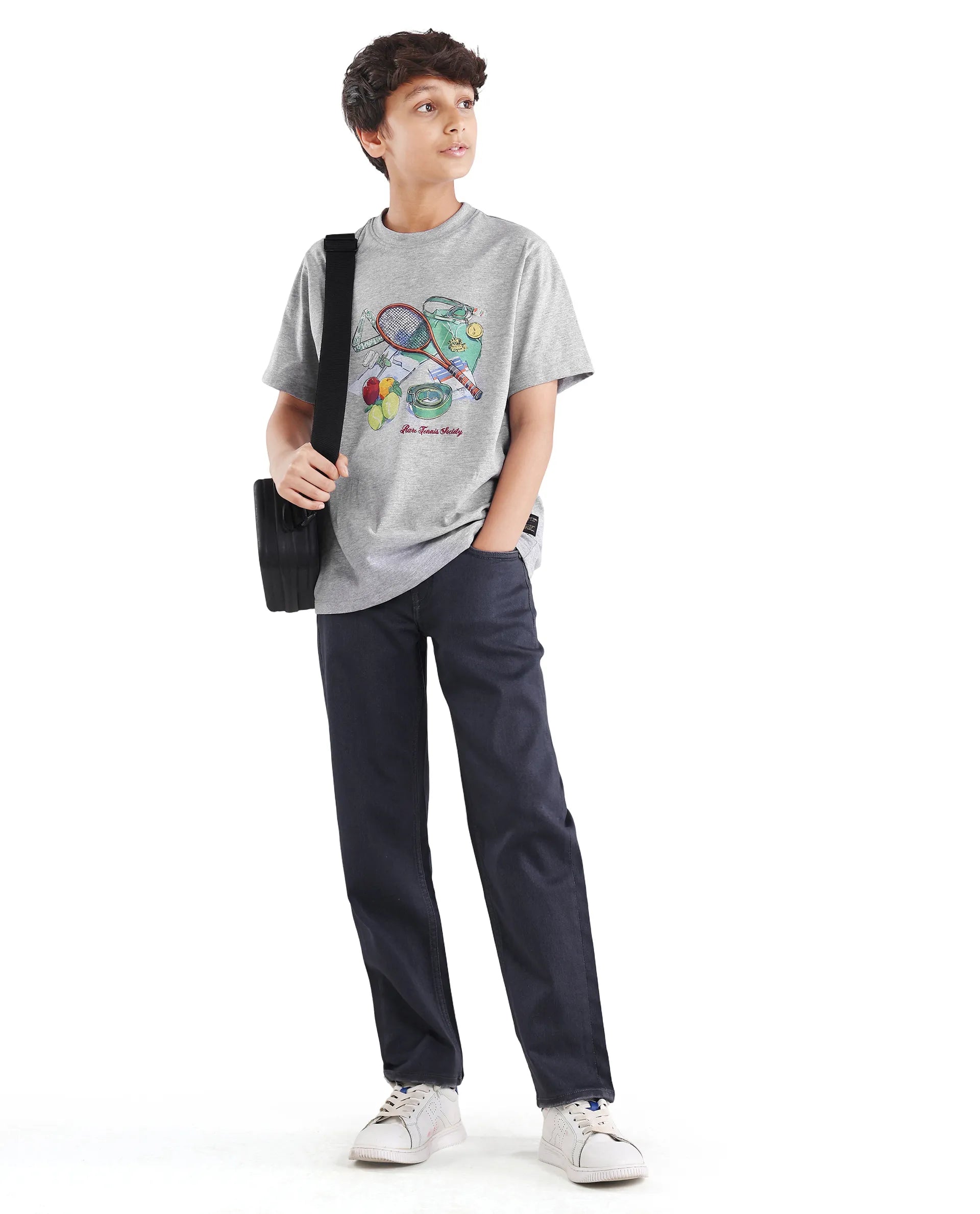 Boys Melange Grey Digital Print Regular Fit T-Shirt