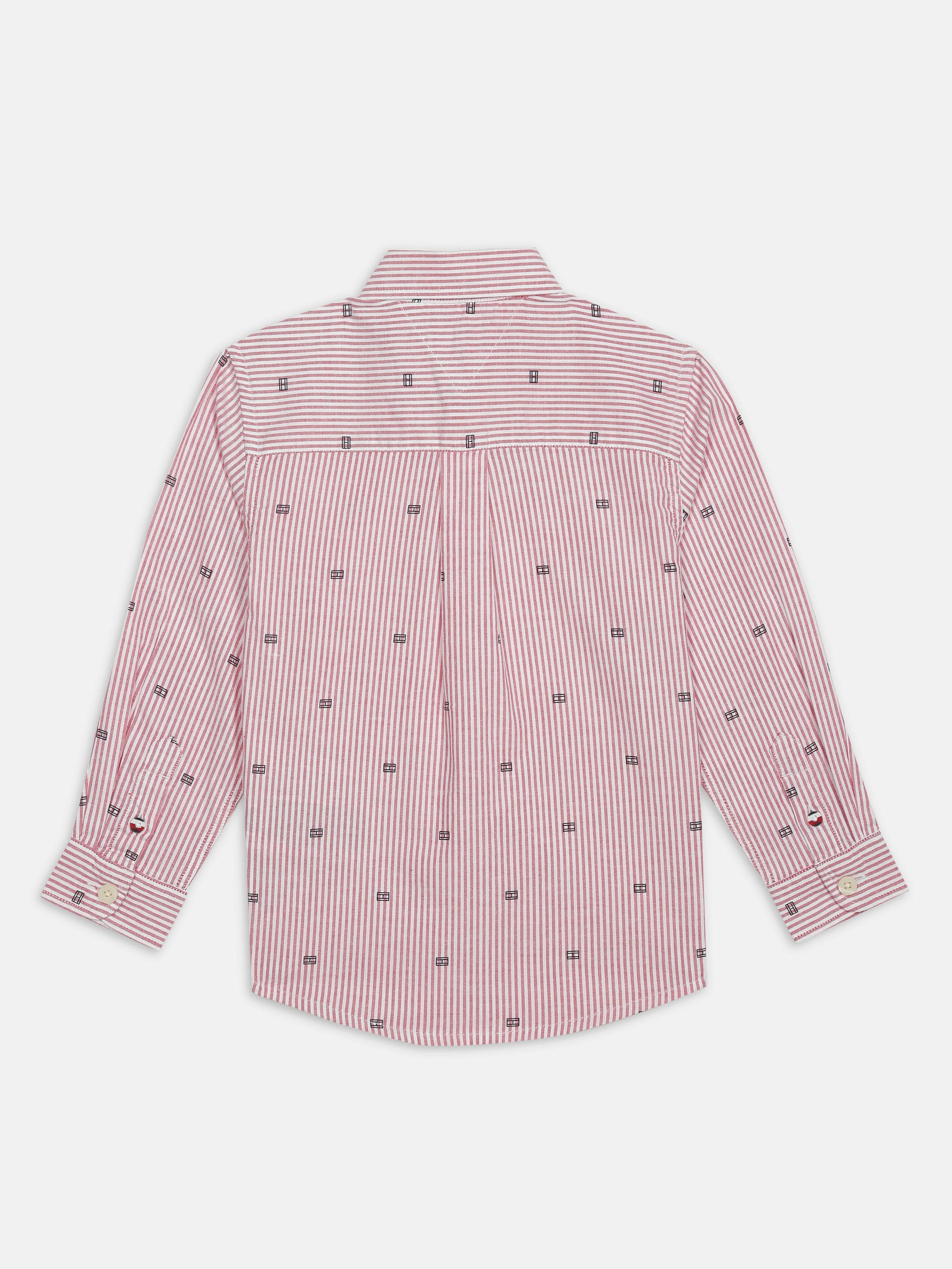 Boys Red Striped Button-Down Collar Regular Fit Shirt