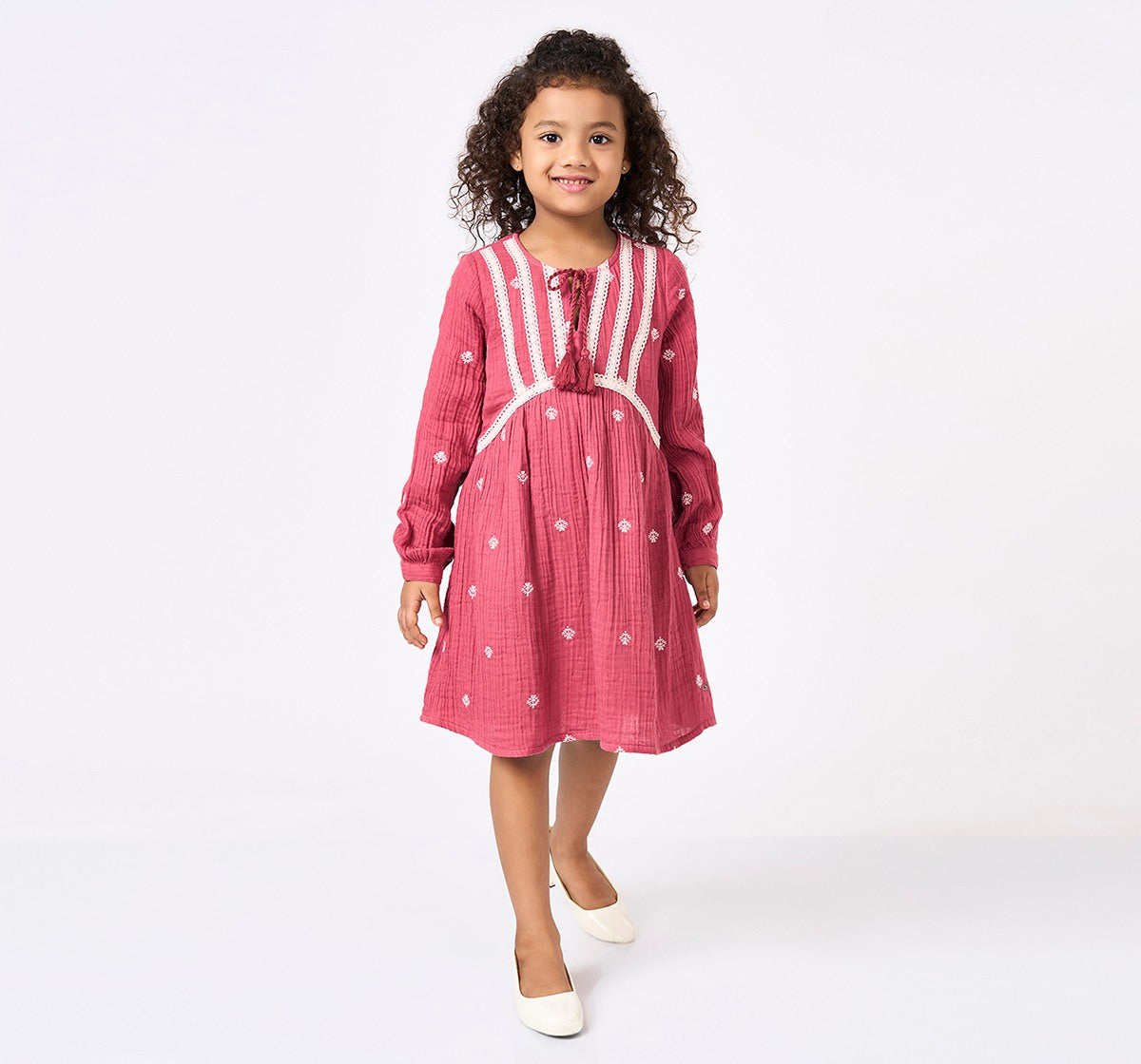 Girls Rose Pink Embroidered Lace Detail Dress