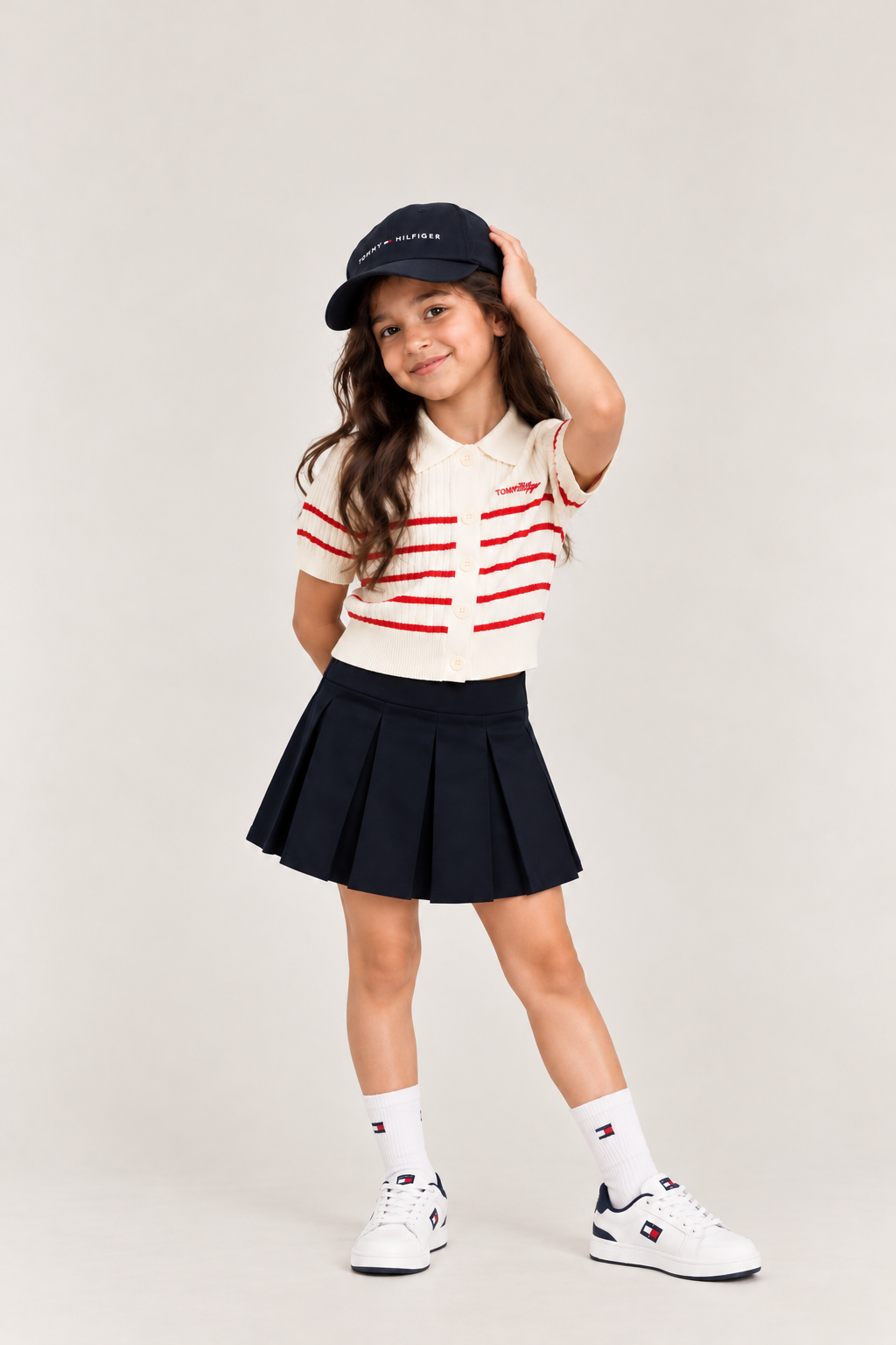 Girls Striped Regular Fit Cotton Polo T-Shirt Red Alert