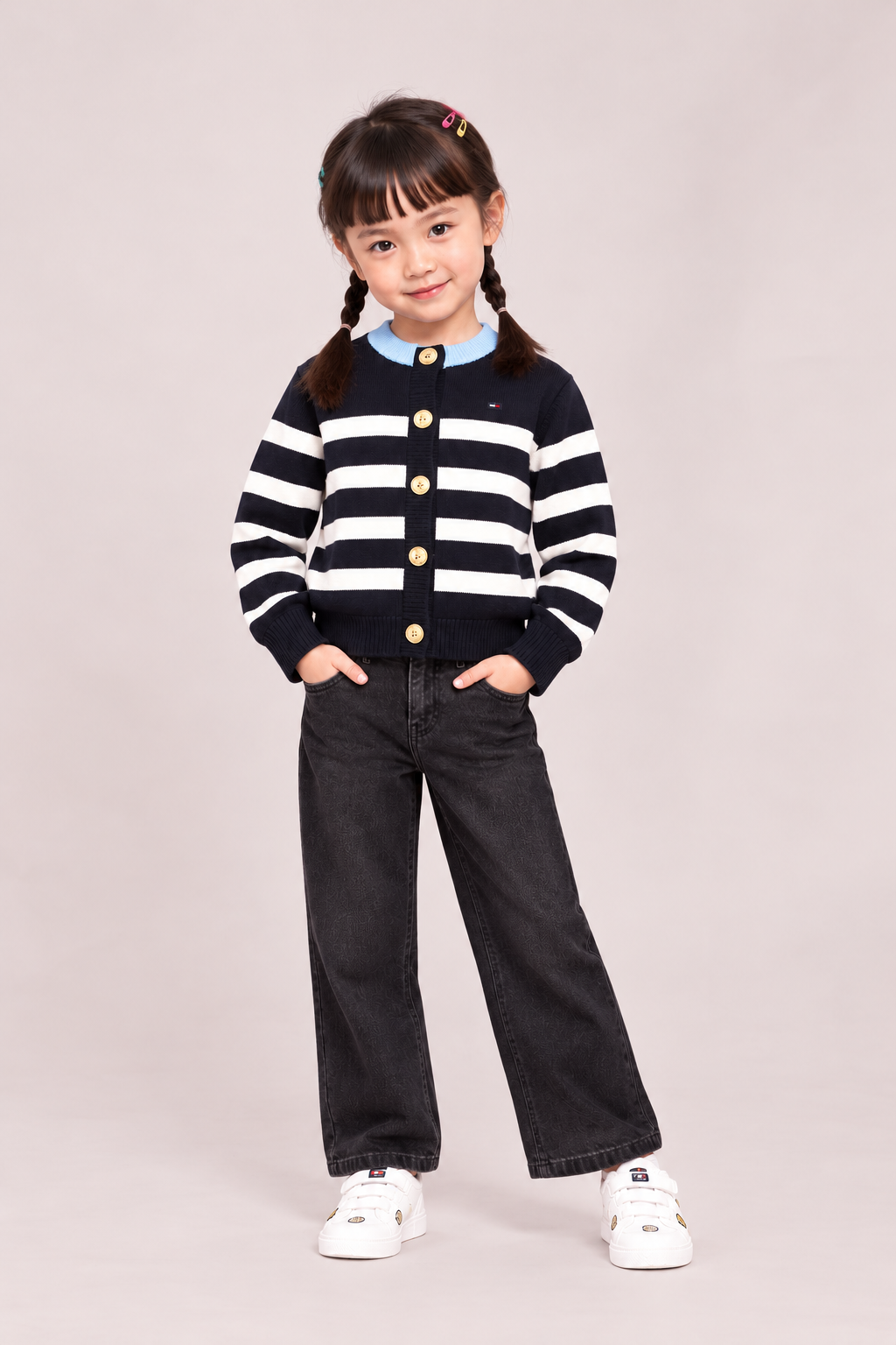 Girls Relaxed Fit Crew Neck Cardigan Dark Night Navy Stripes