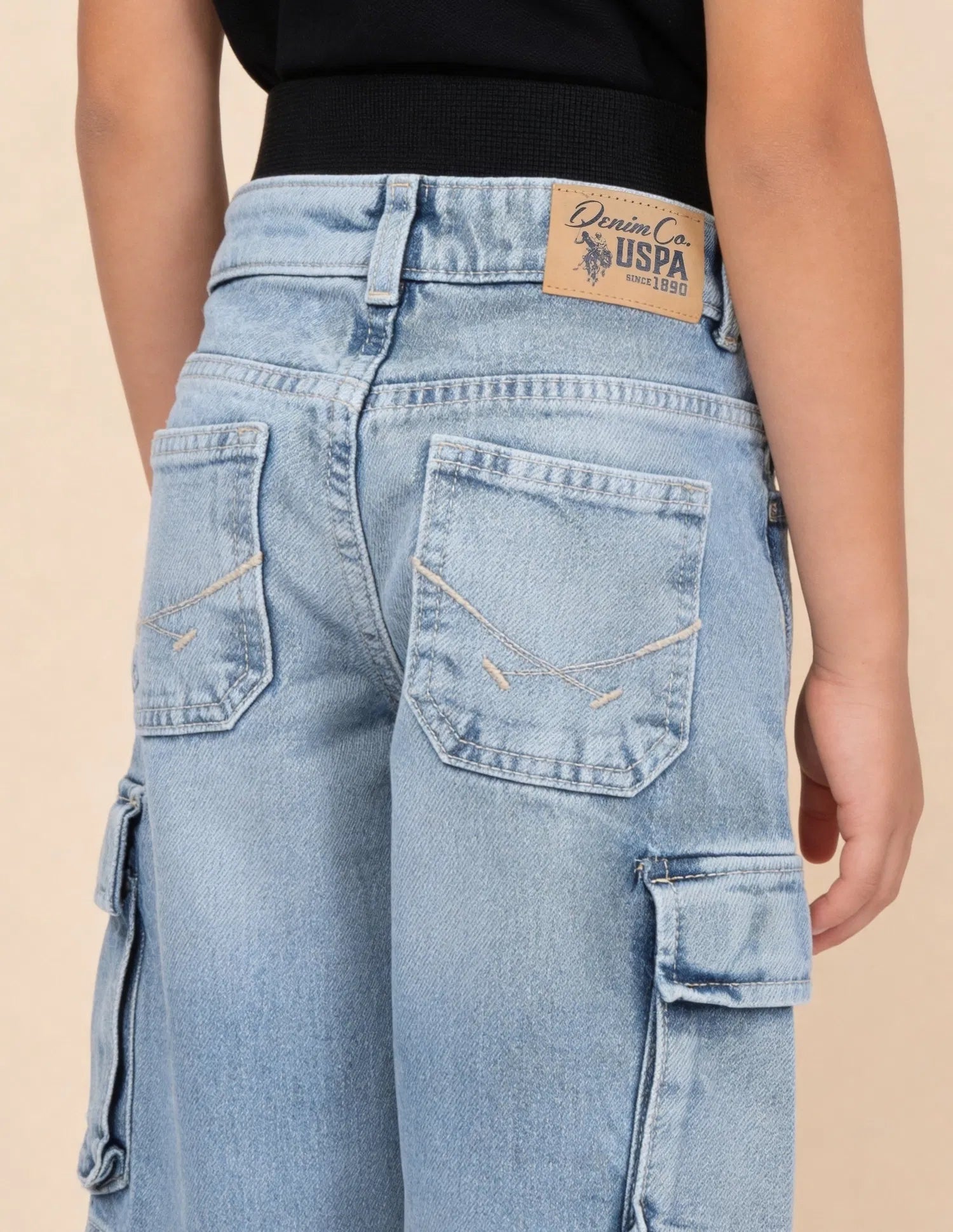 Boys Light Blue Cotton Stone Washed Baggy Cargo Jeans