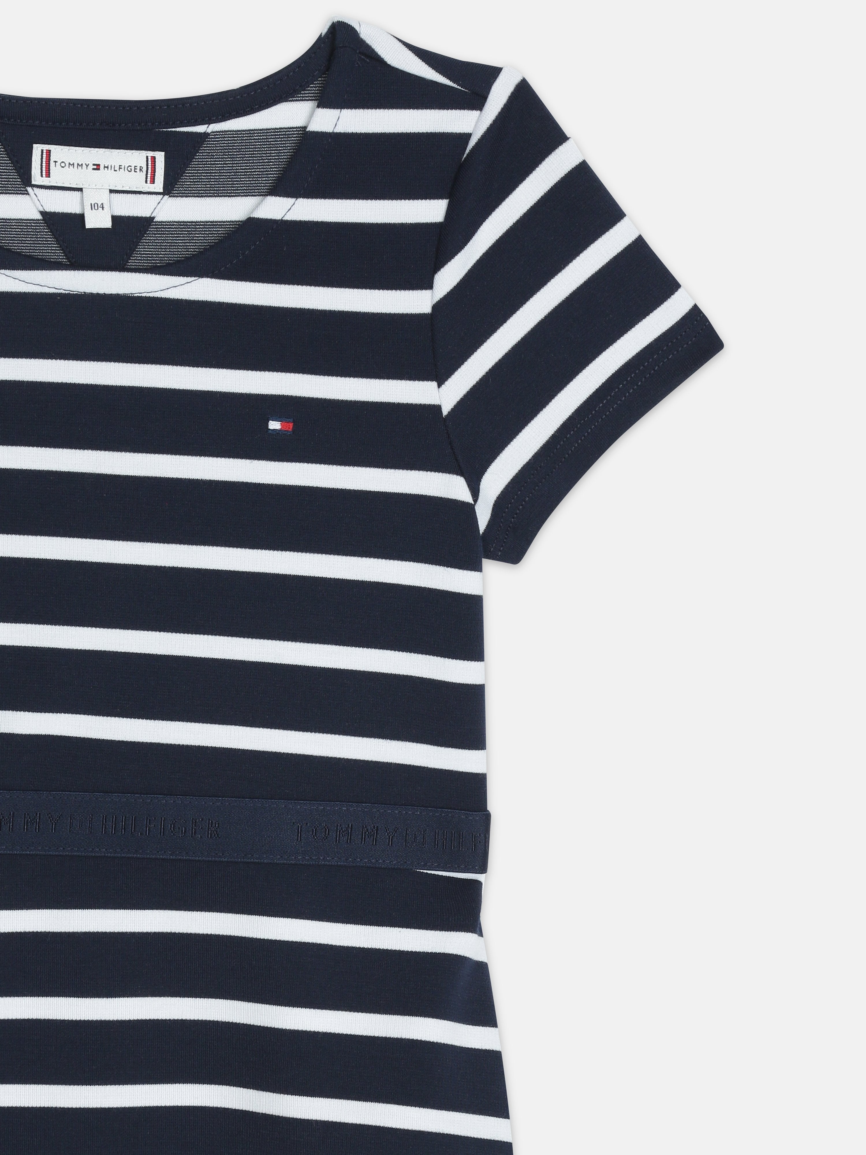 Girls Navy Striped Half Sleeve A-Line Knit Dress