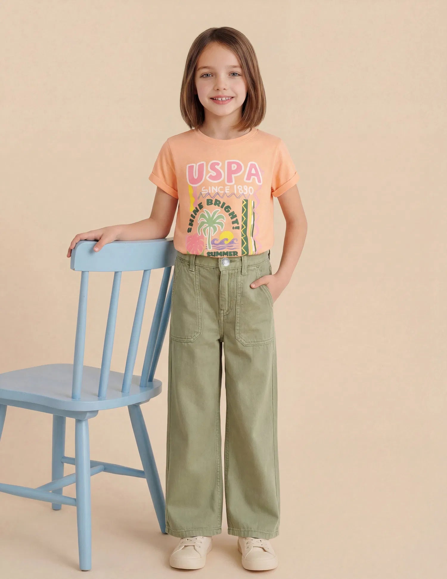 Girls Green Cotton Mid Rise Wide Leg Jeans