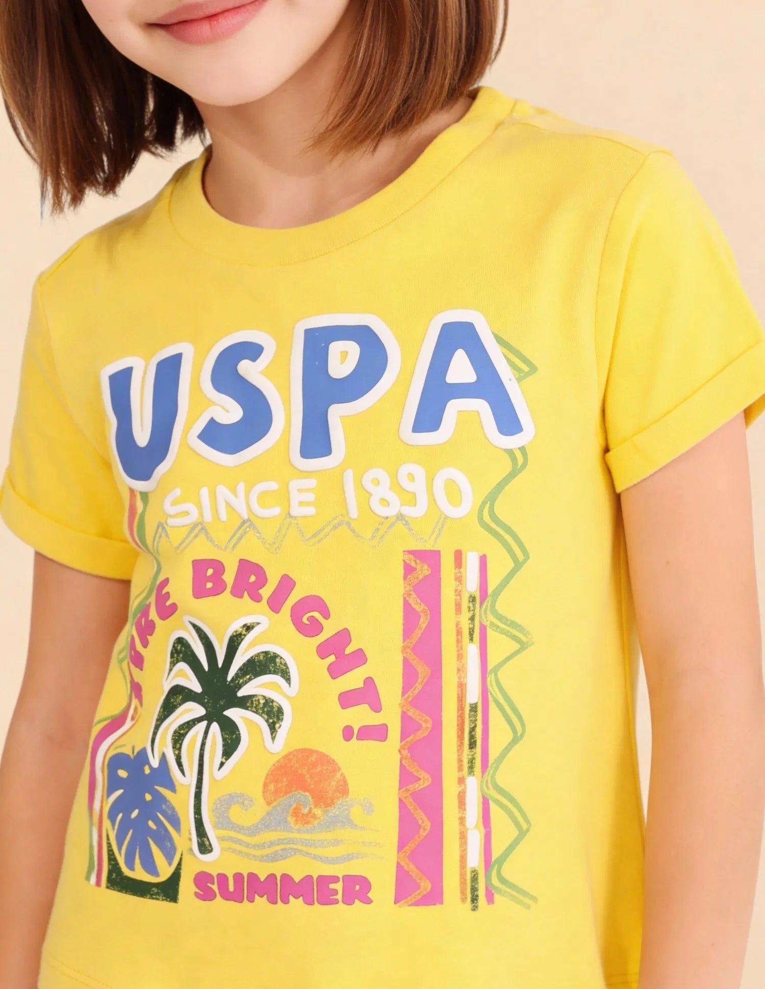 Girls Yellow Cotton Graphic Brand Printed Top