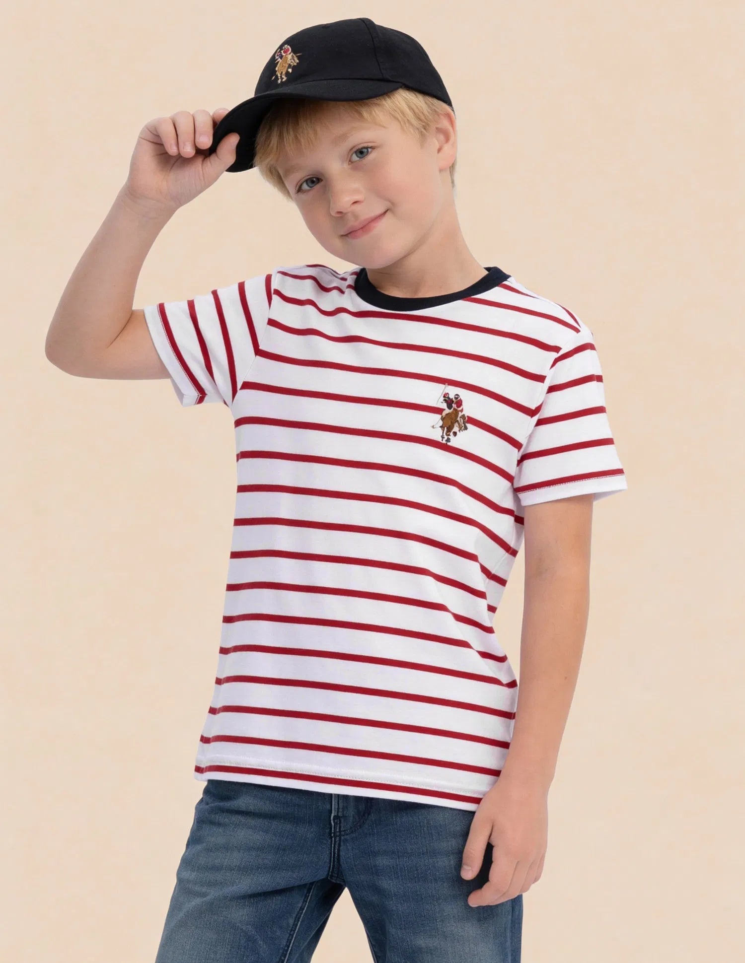 Boys Red Cotton Horizontal Striped Regular Fit T-Shirt