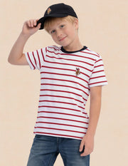 Boys Red Cotton Horizontal Striped Regular Fit T-Shirt