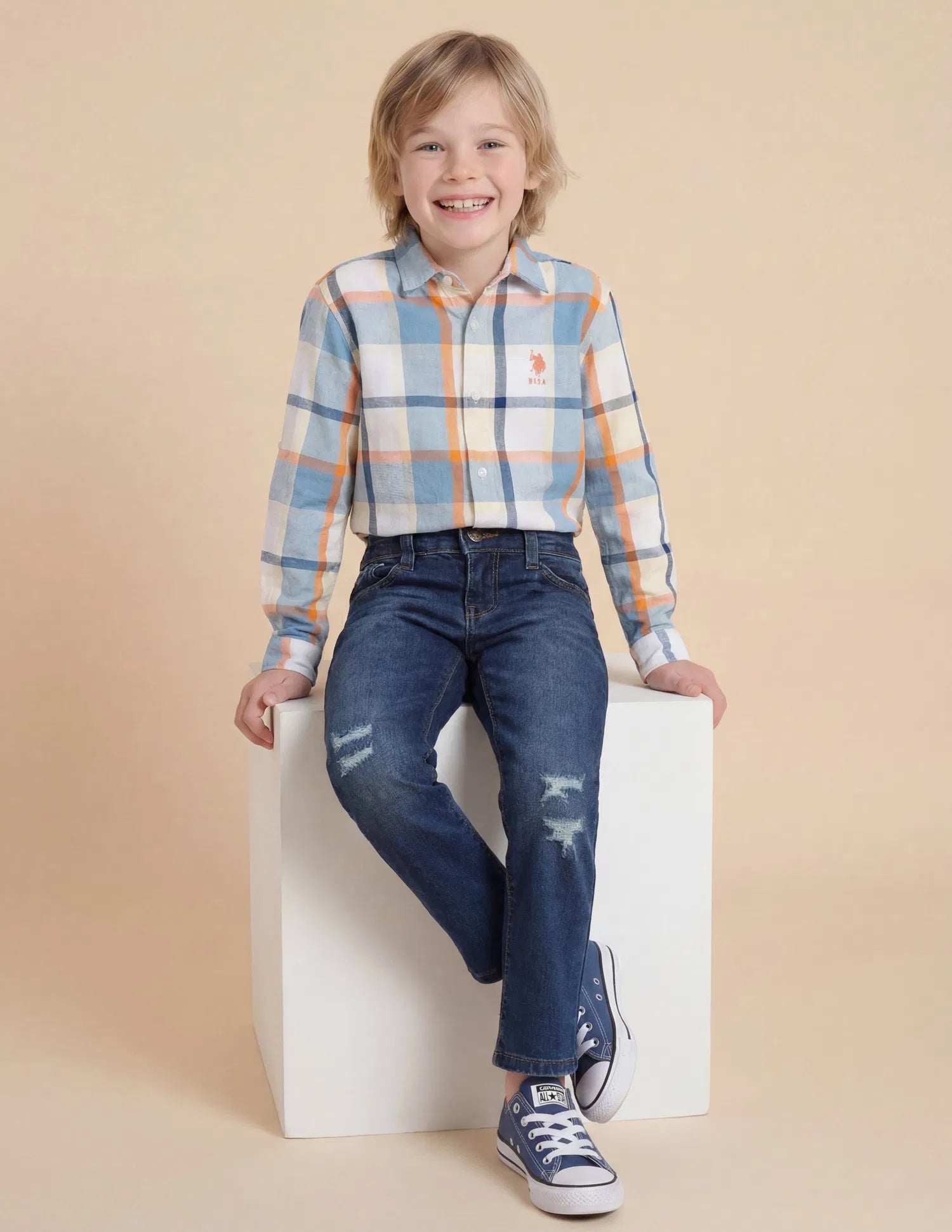 Boys Mid Blue Cotton Distressed Slim Fit Jeans