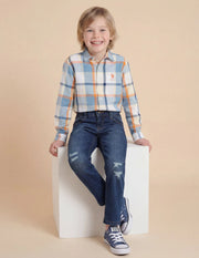 Boys Mid Blue Cotton Distressed Slim Fit Jeans
