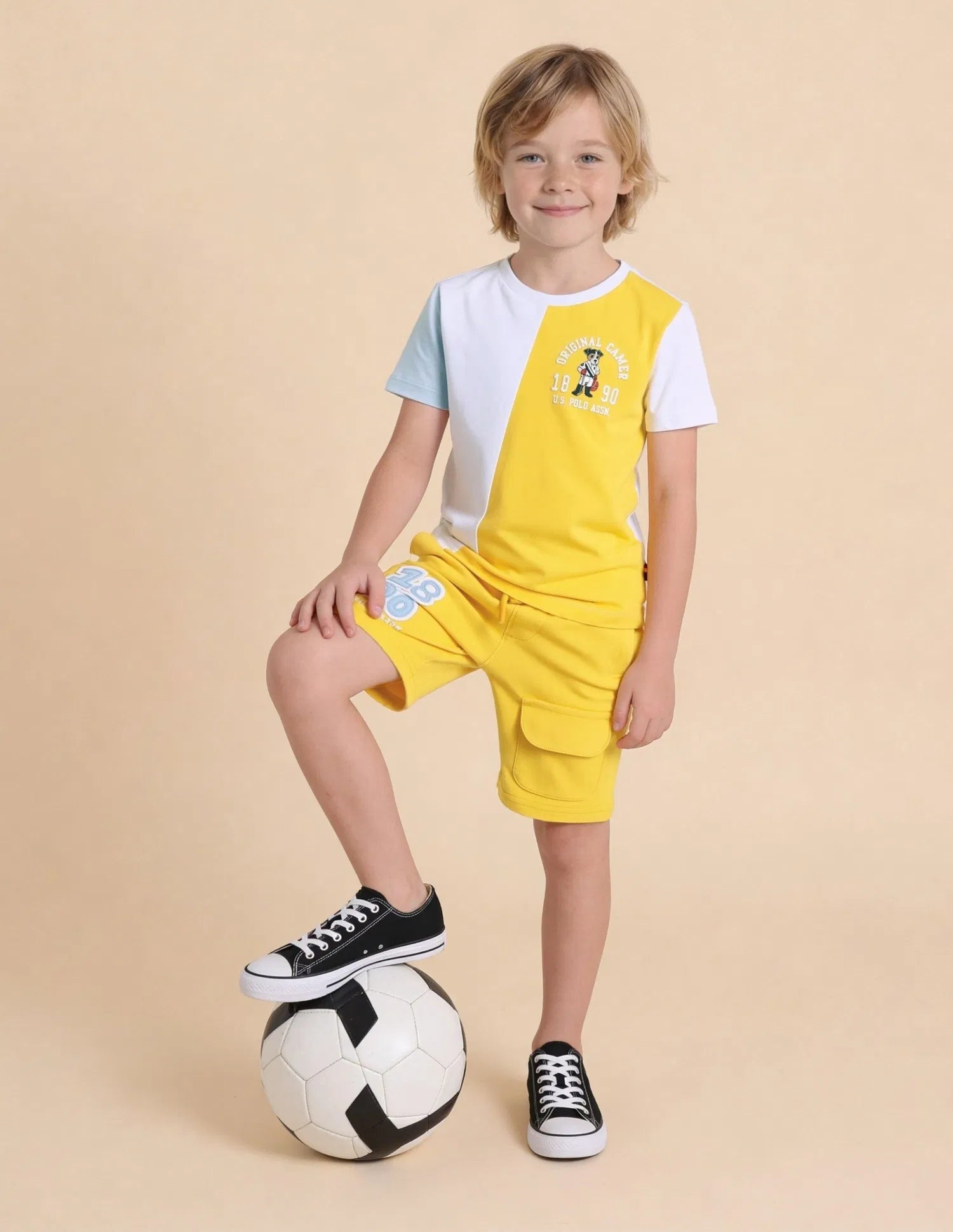 Boys Yellow Cotton Colour Block Regular Fit T-Shirt