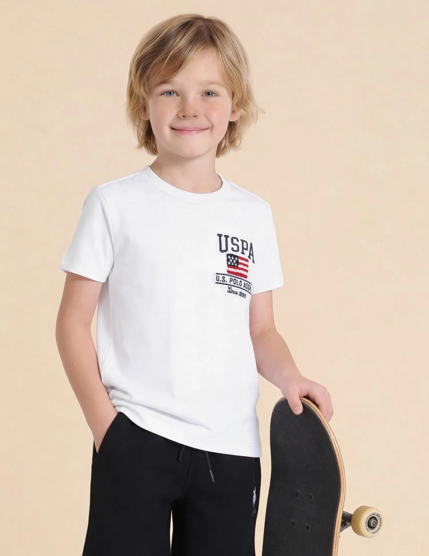 Boys White Cotton Brand Logo Regular Fit T-Shirt