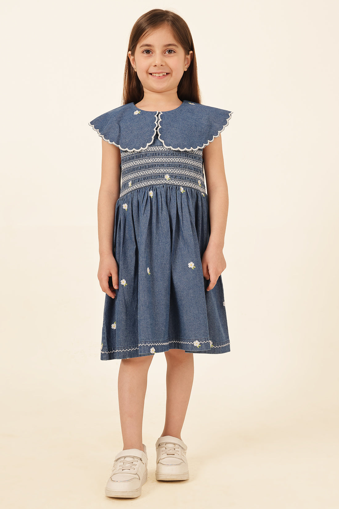 Girls Blue Square Neck Cotton Denim Dress