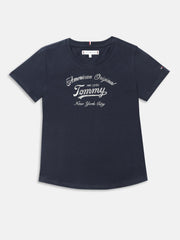 Girls Blue Printed Cotton Blend Slim Fit Knit Top