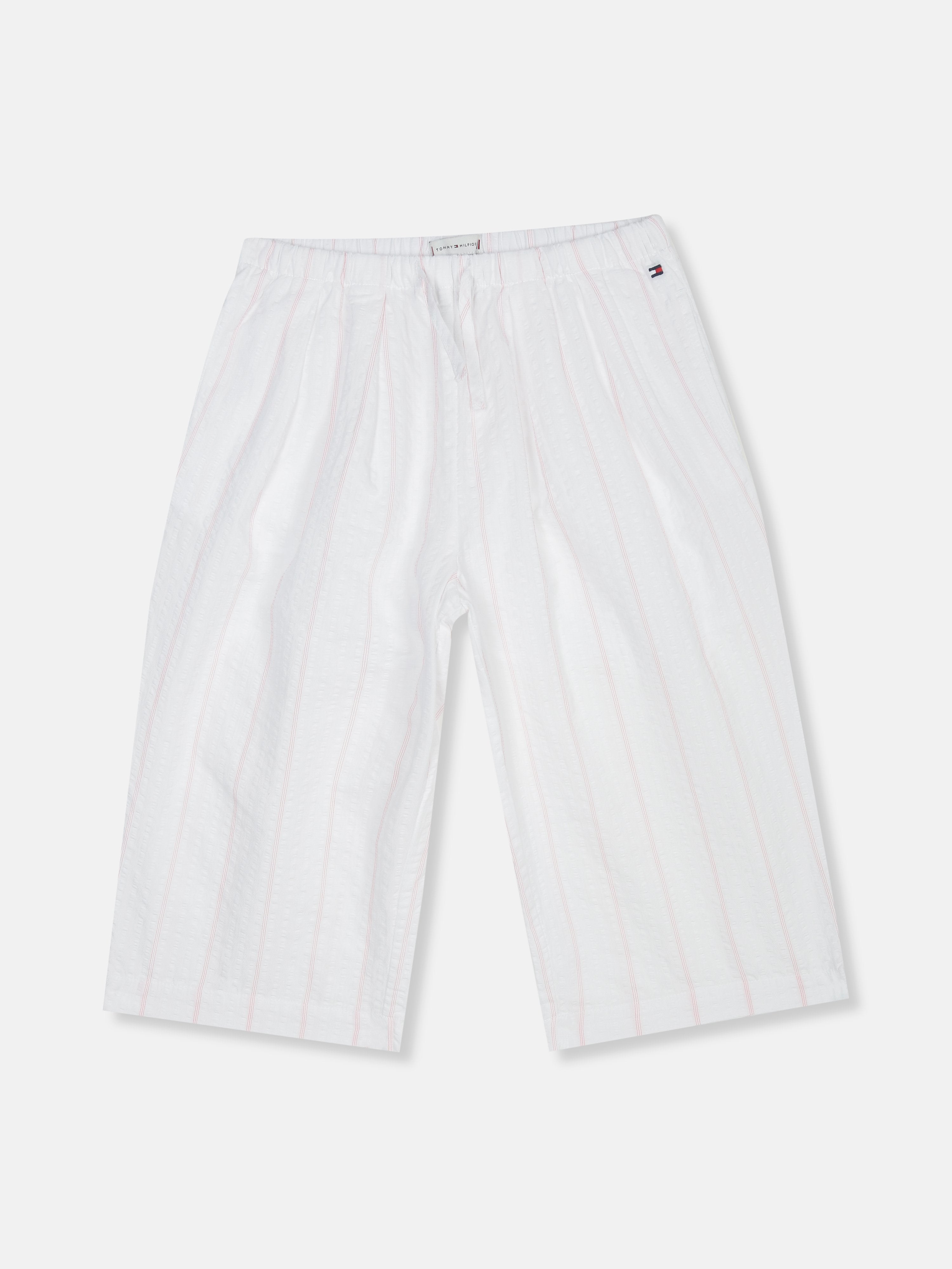 Girls White Striped Cotton Regular Fit Mid Rise Trousers
