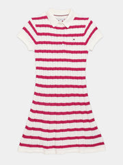Girls White Striped Cotton Blend Polo Casual Dress