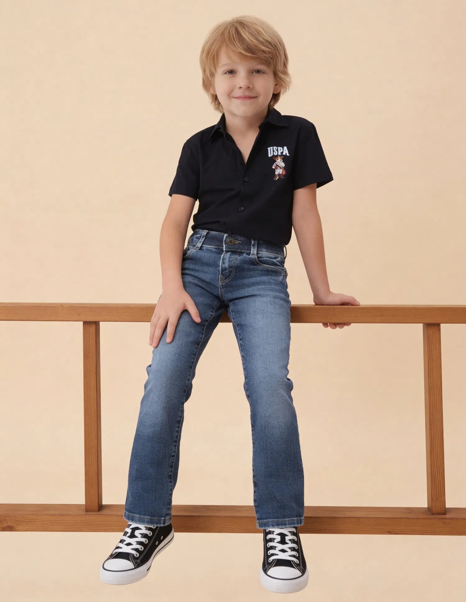 Boys Light Blue Cotton Blend Whiskered Bootcut Jeans