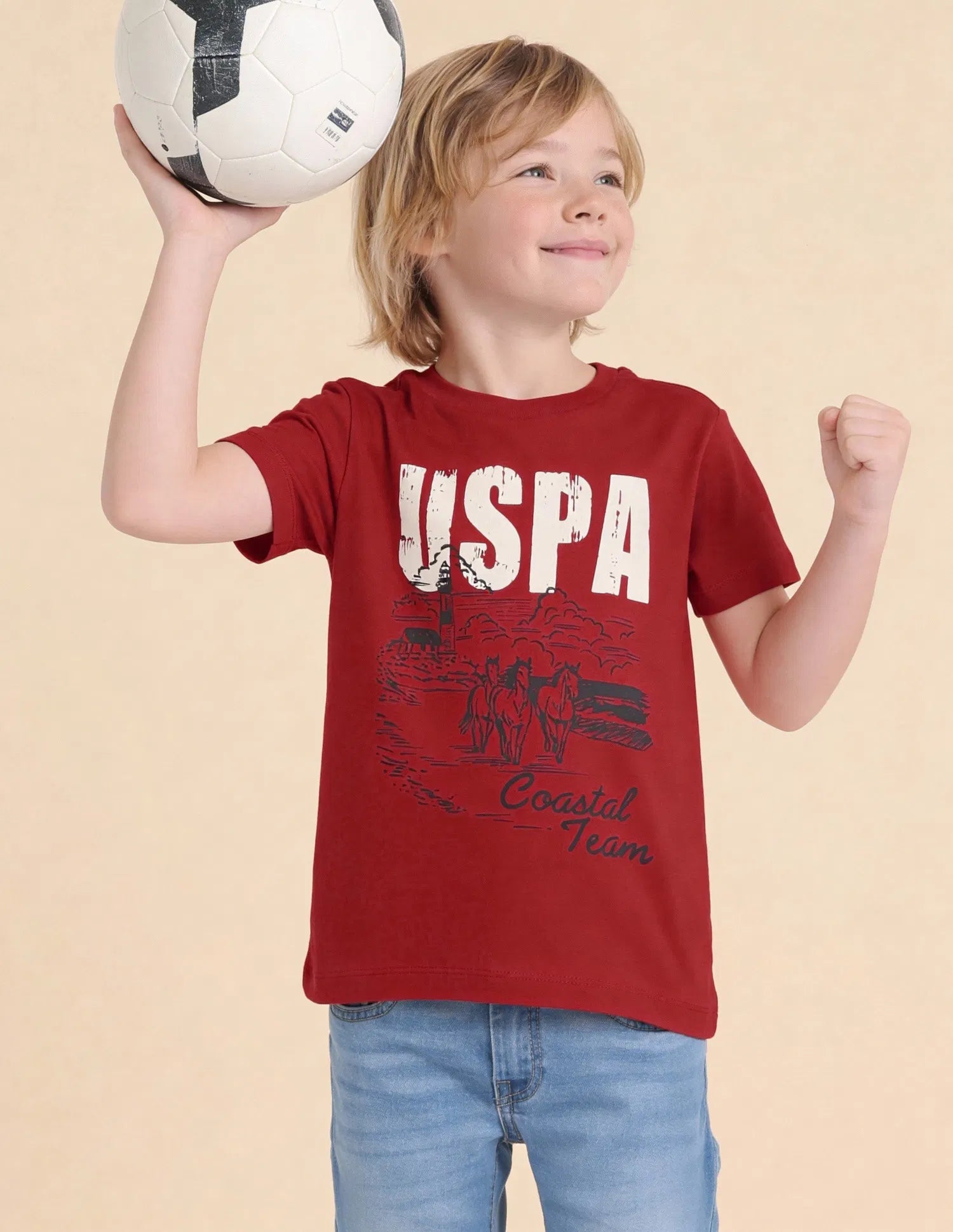 Boys Red Cotton Graphic Printed Regular Fit T-Shirt