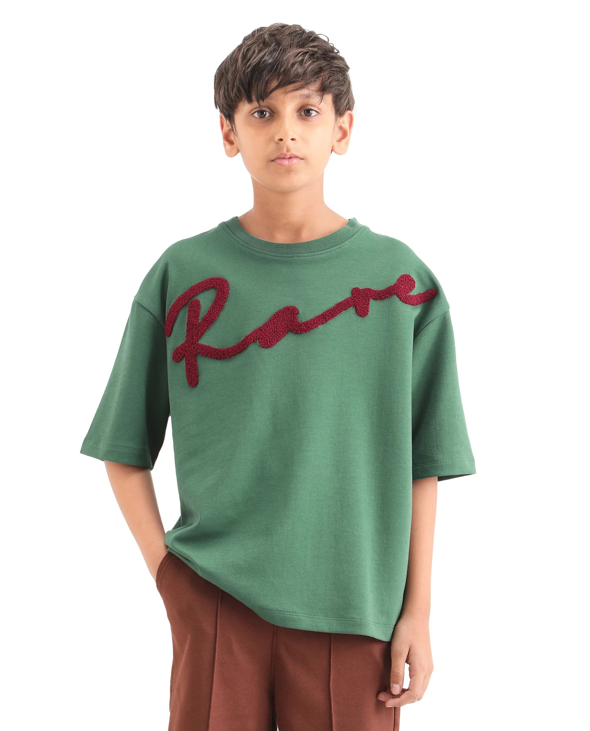 Rare Ones Boys Green Oversized Terry Embroidery T-Shirt