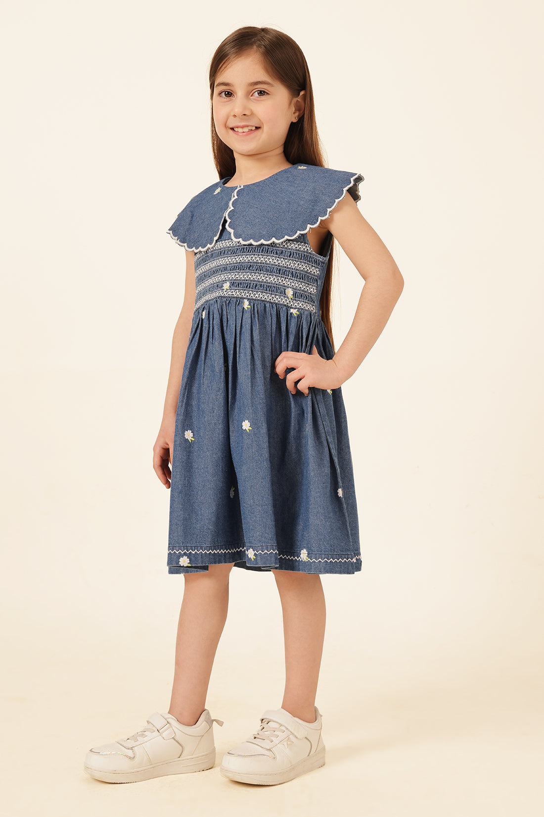 Girls Blue Square Neck Cotton Denim Dress