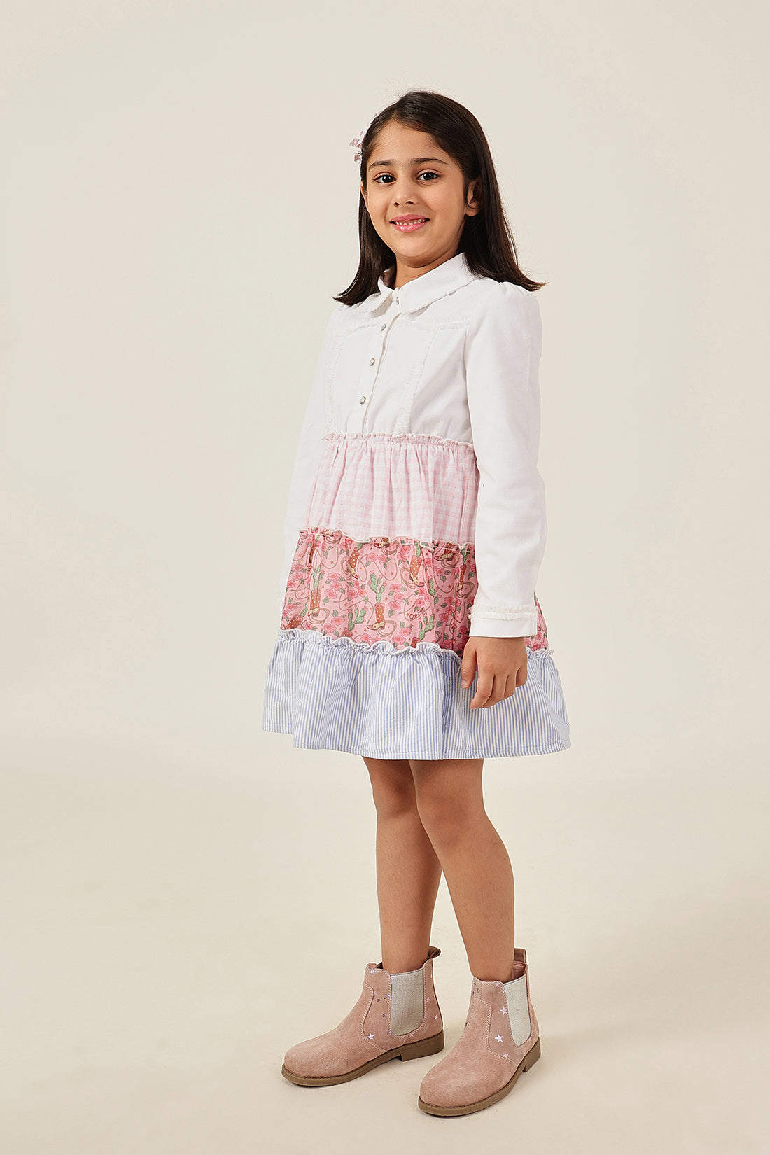 Girls Multi Color Printed Drill Cotton Dress
