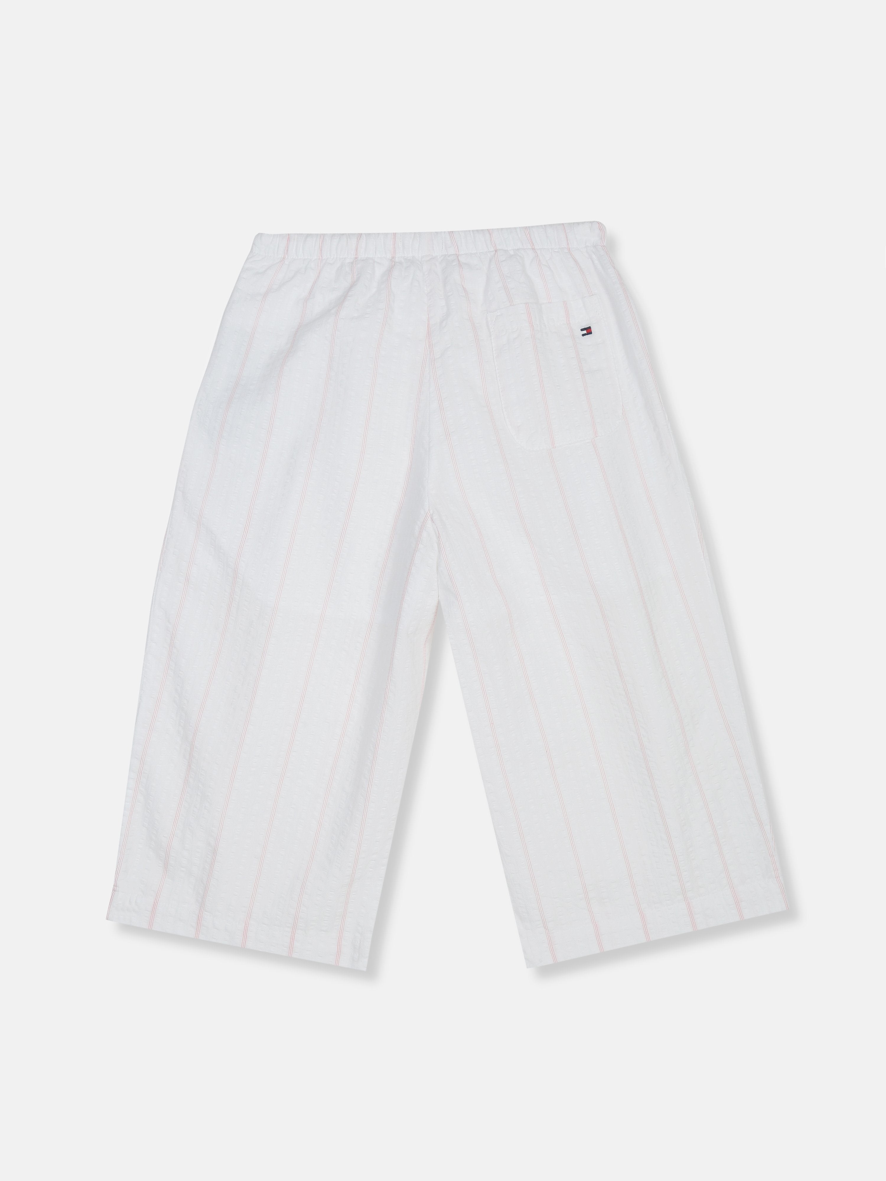 Girls White Striped Cotton Regular Fit Mid Rise Trousers