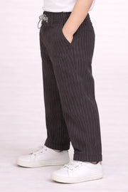 Boys Black Striped Polyester Formal Trousers