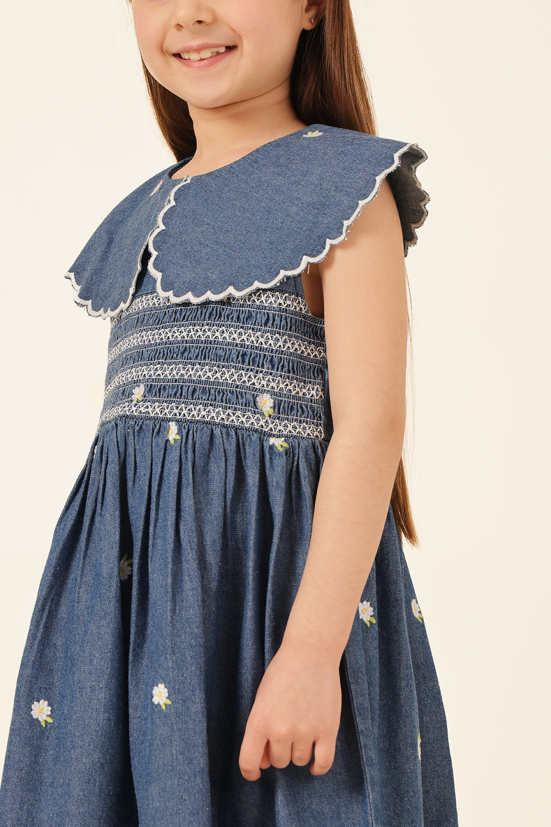 Girls Blue Square Neck Cotton Denim Dress