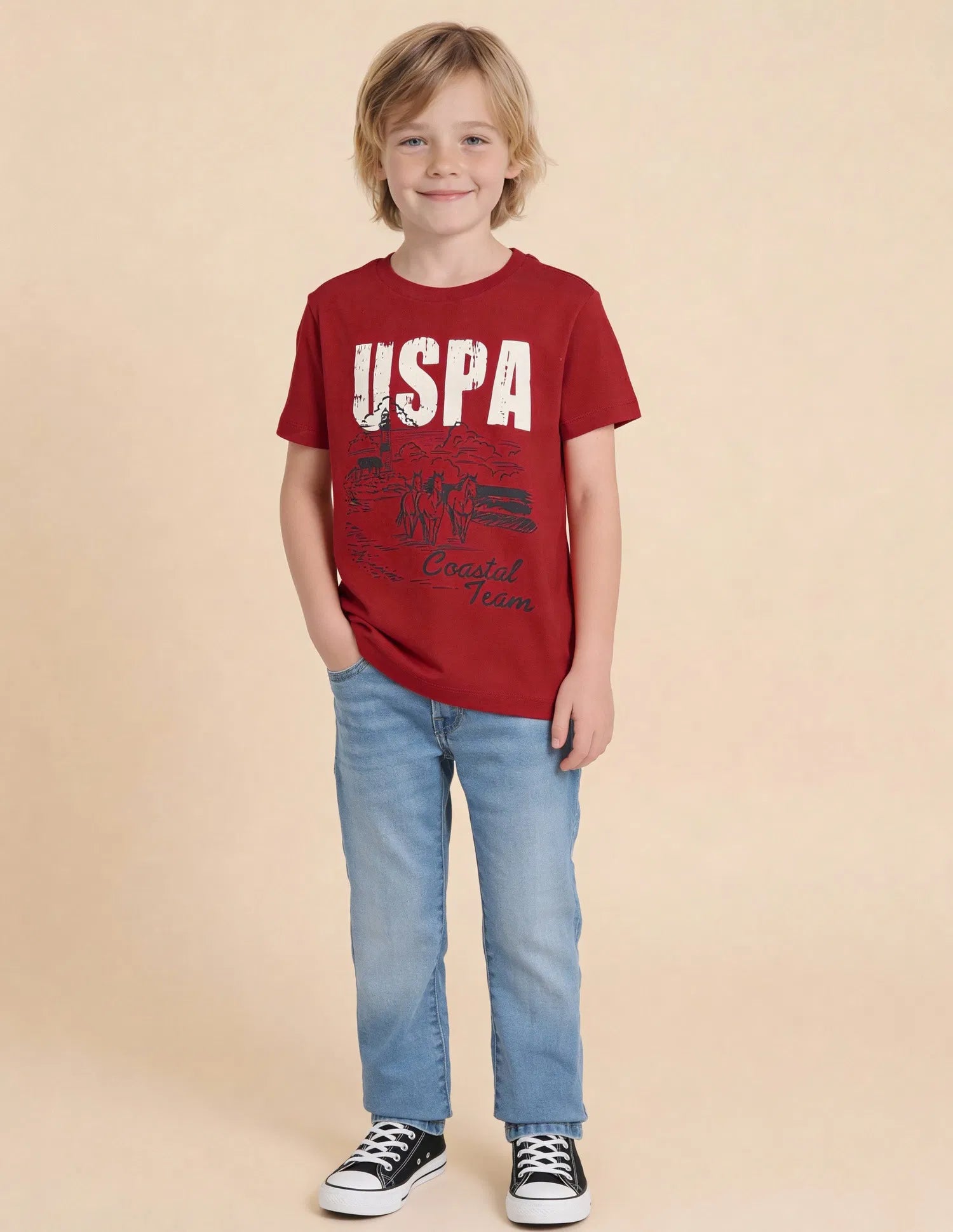 Boys Red Cotton Graphic Printed Regular Fit T-Shirt