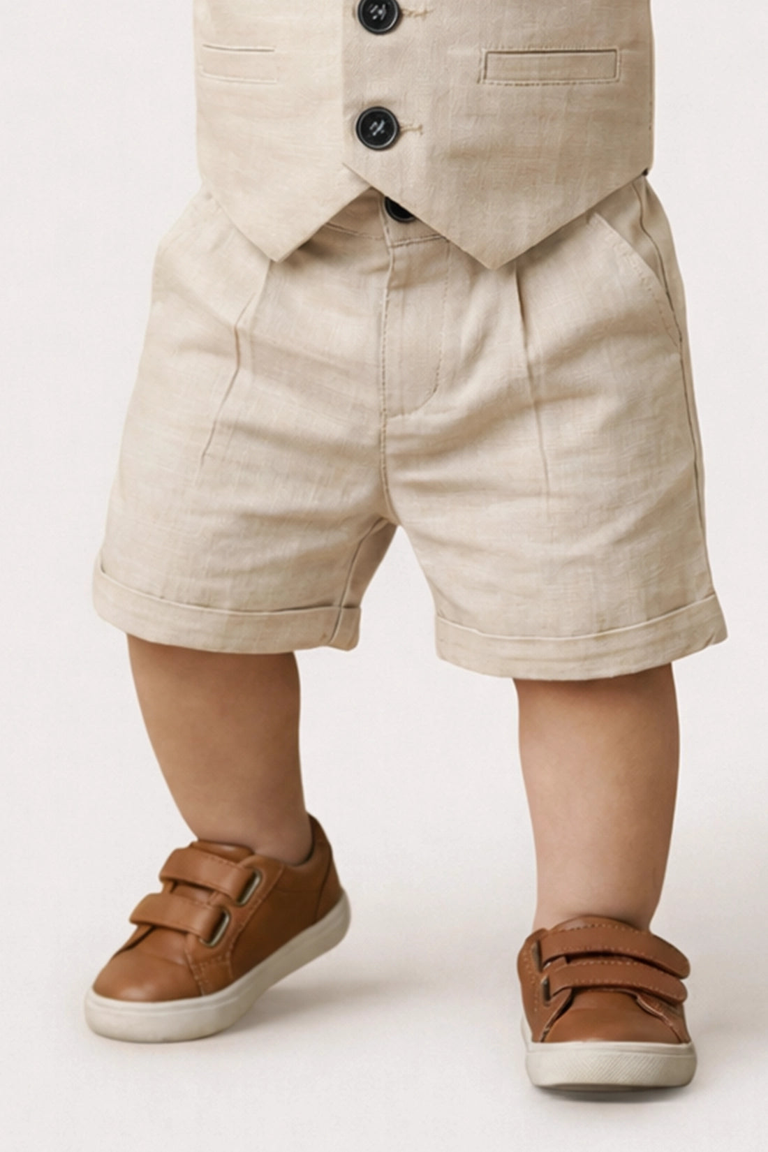 Baby Boys Beige Round Neck Cotton Clothing Set