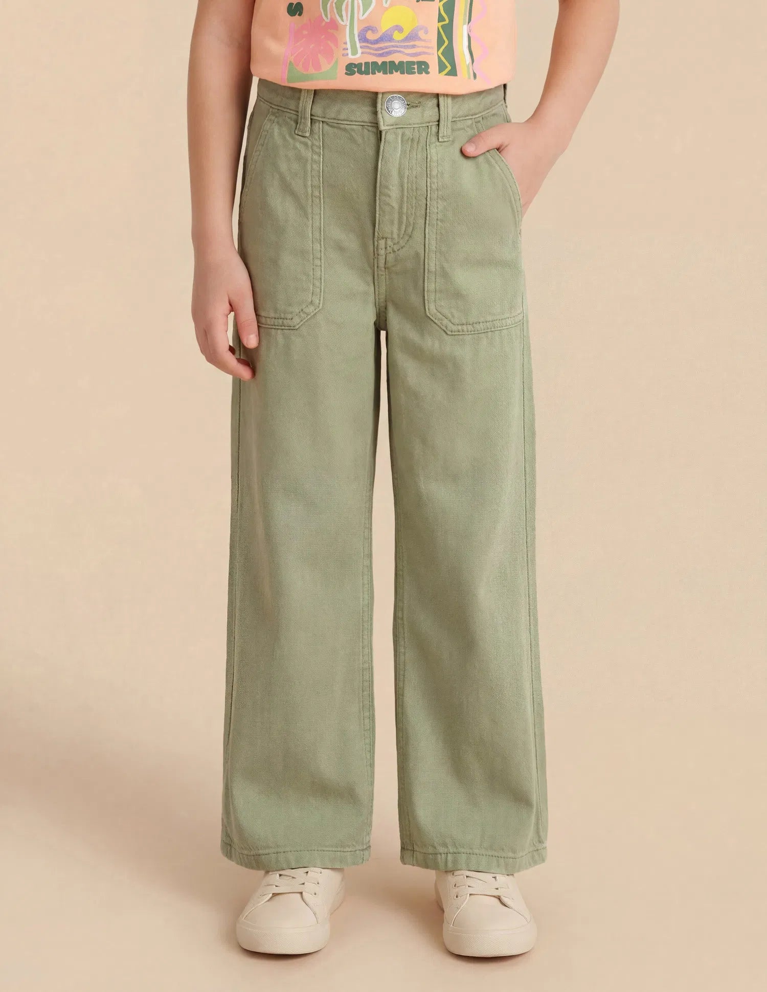 Girls Green Cotton Mid Rise Wide Leg Jeans