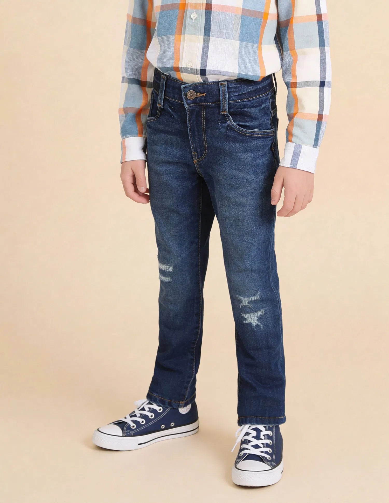 Boys Mid Blue Cotton Distressed Slim Fit Jeans