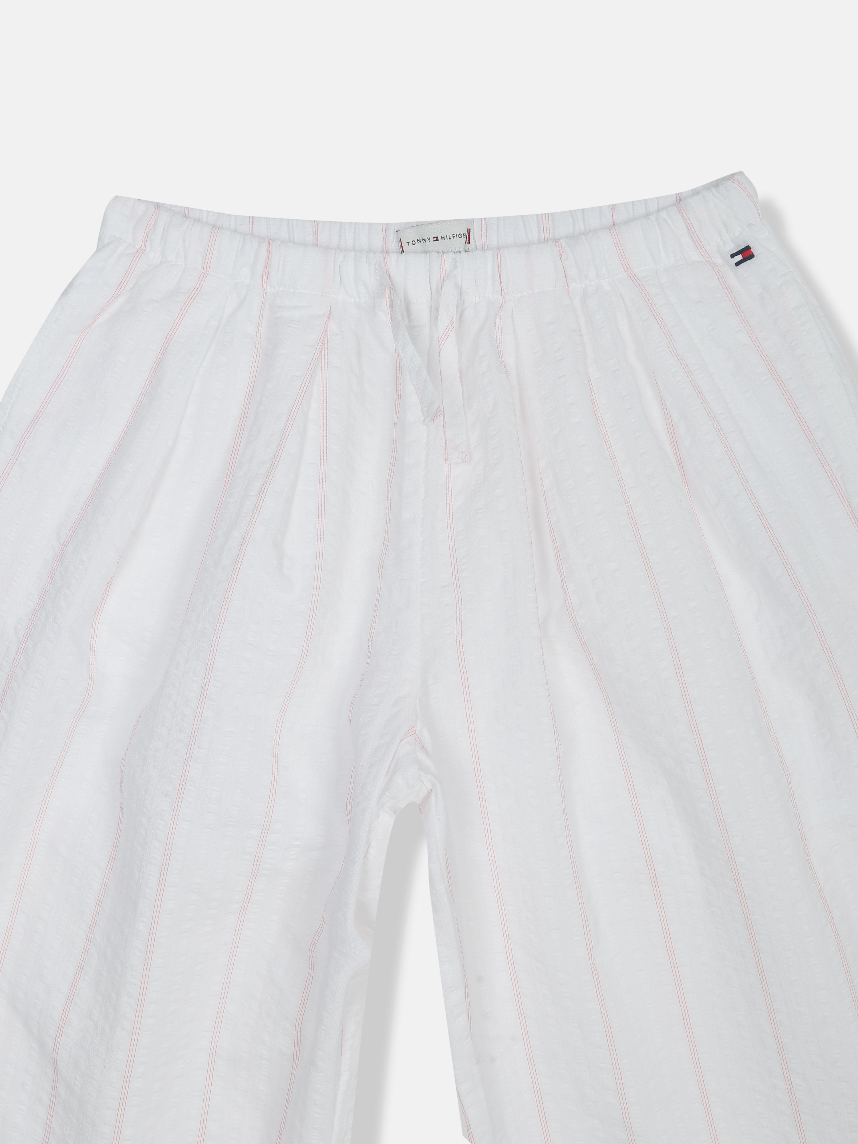 Girls White Striped Cotton Regular Fit Mid Rise Trousers