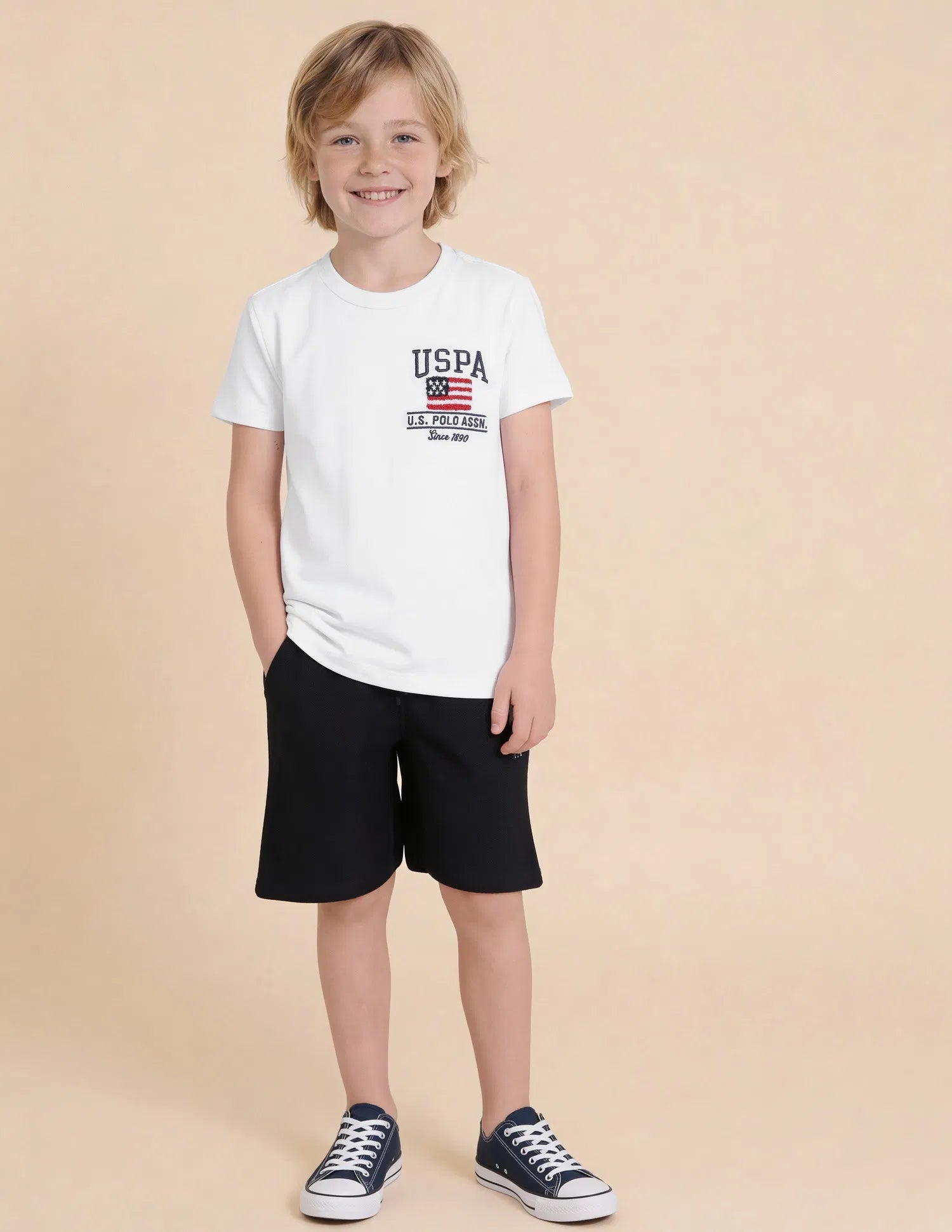 Boys White Cotton Brand Logo Regular Fit T-Shirt