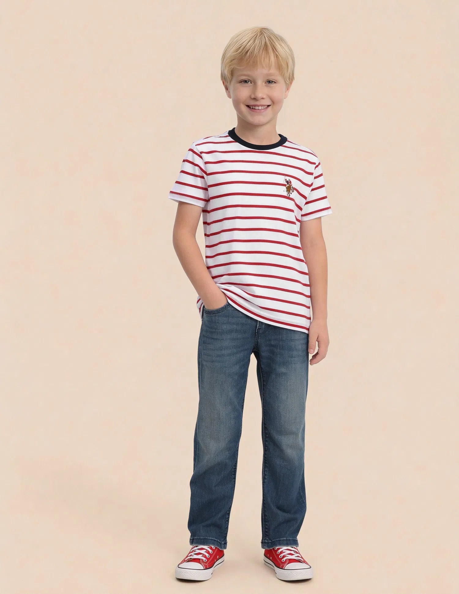 Boys Red Cotton Horizontal Striped Regular Fit T-Shirt