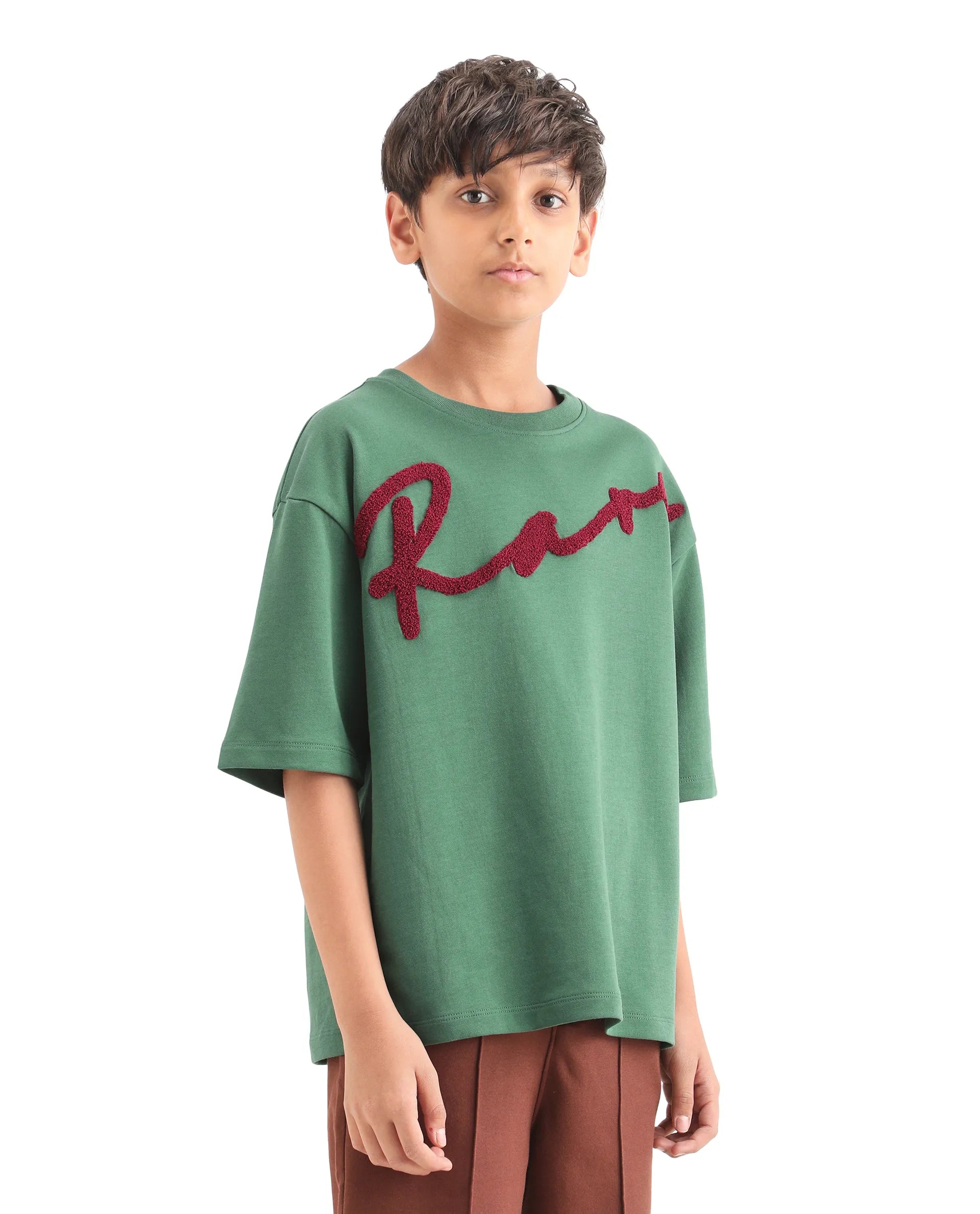 Rare Ones Boys Green Oversized Terry Embroidery T-Shirt